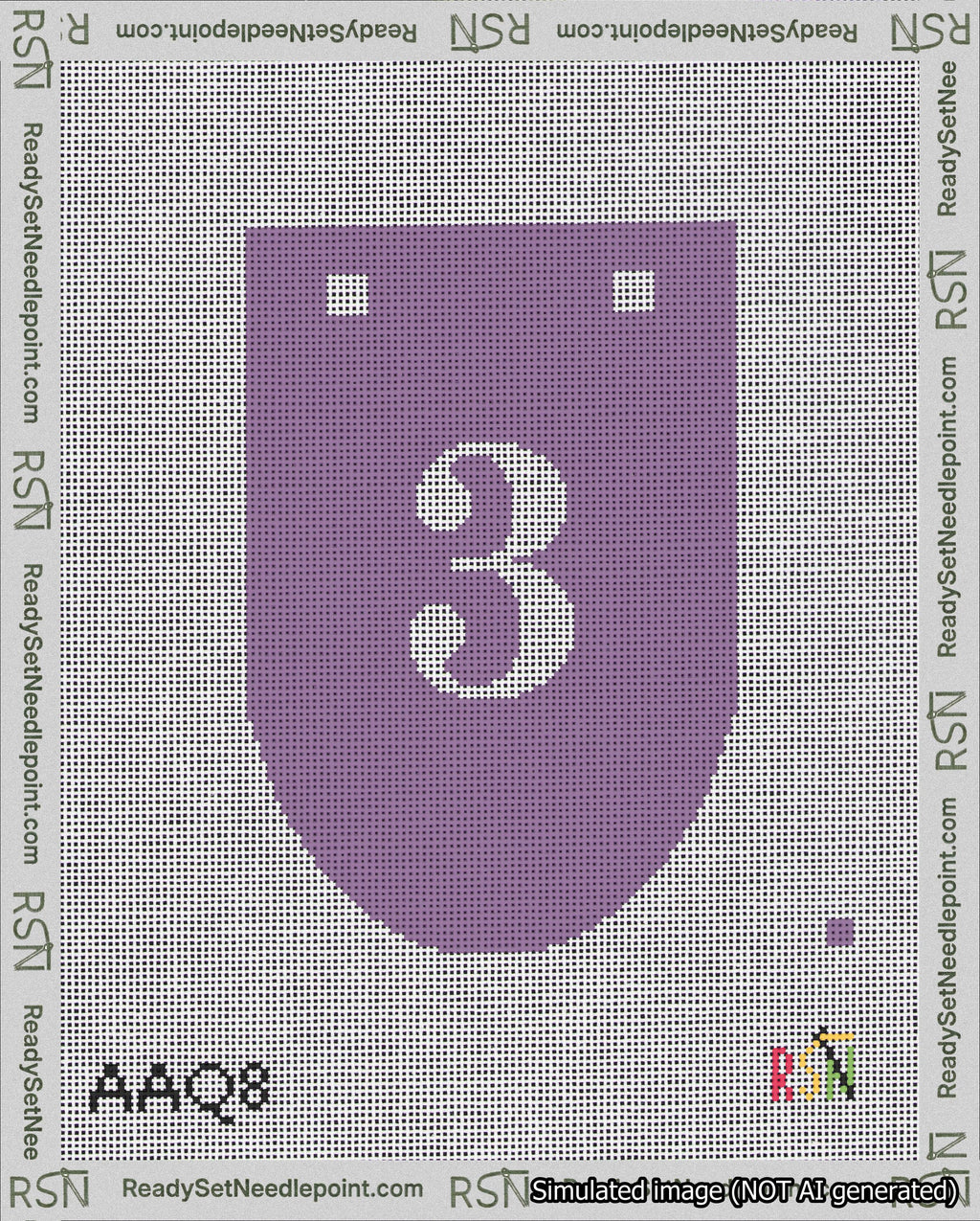 A taped needlepoint canvas with the design: Banner 18 mesh count Rounded 3 White on Purple.