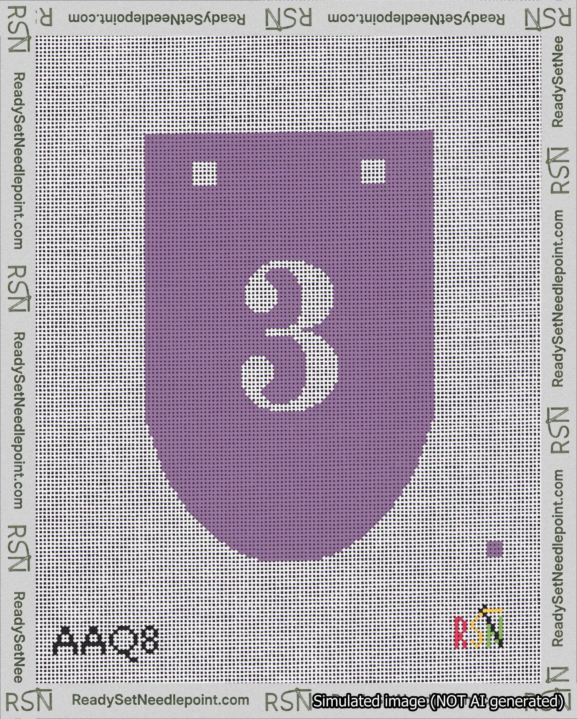 A taped needlepoint canvas with the design: Banner 18 mesh count Rounded 3 White on Purple.