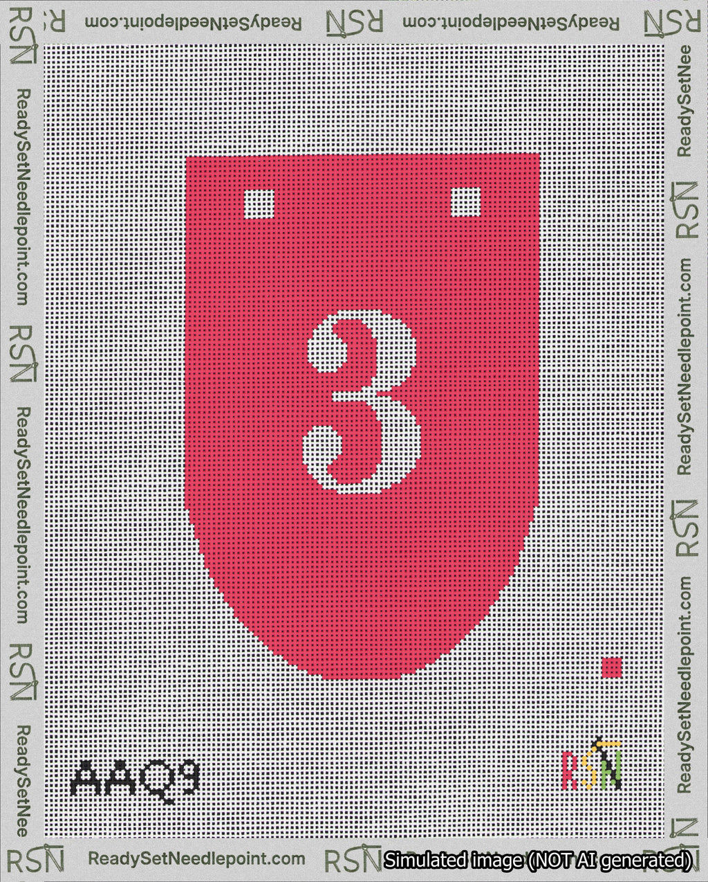 A taped needlepoint canvas with the design: Banner 18 mesh count Rounded 3 White on Red.