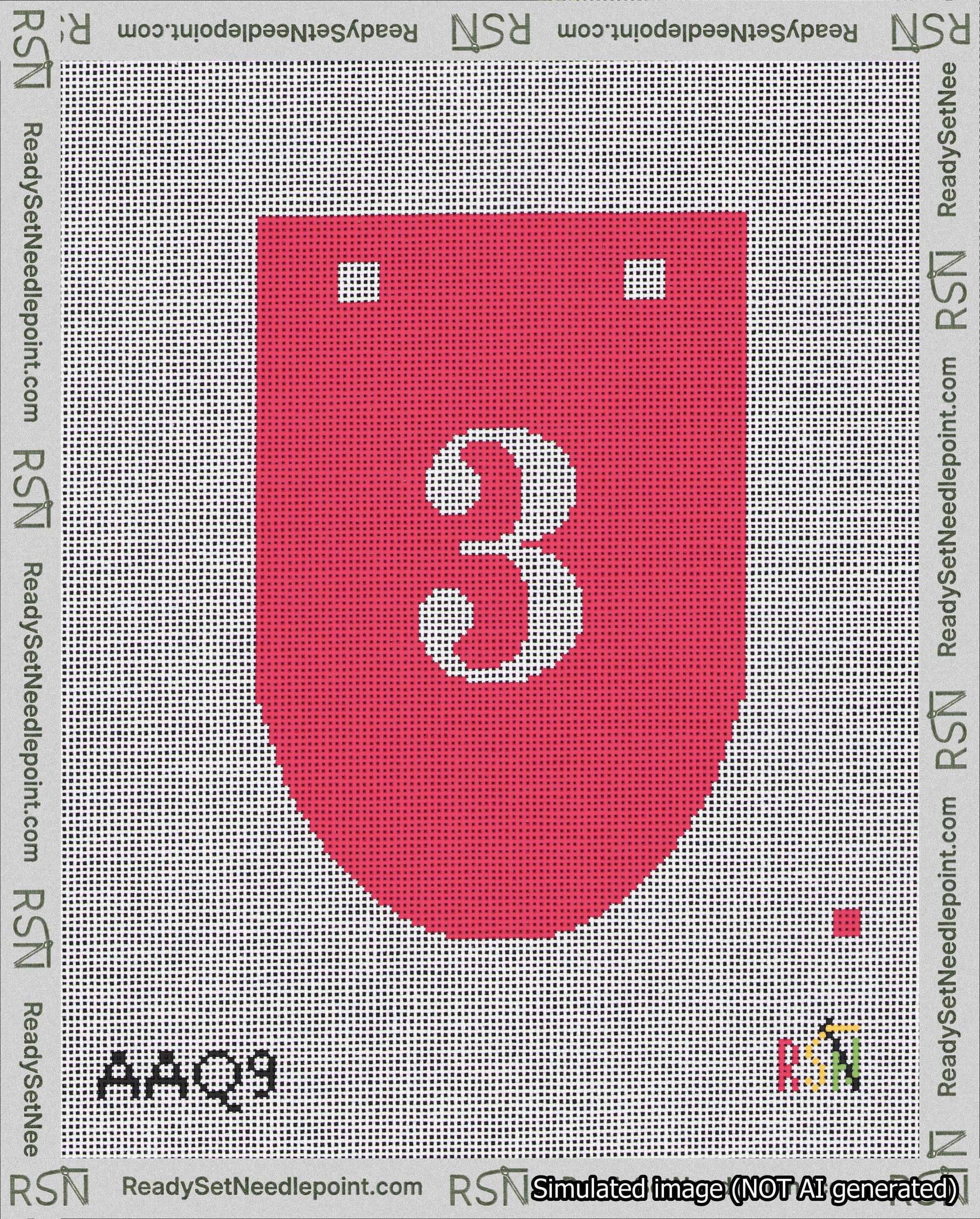 A taped needlepoint canvas with the design: Banner 18 mesh count Rounded 3 White on Red.