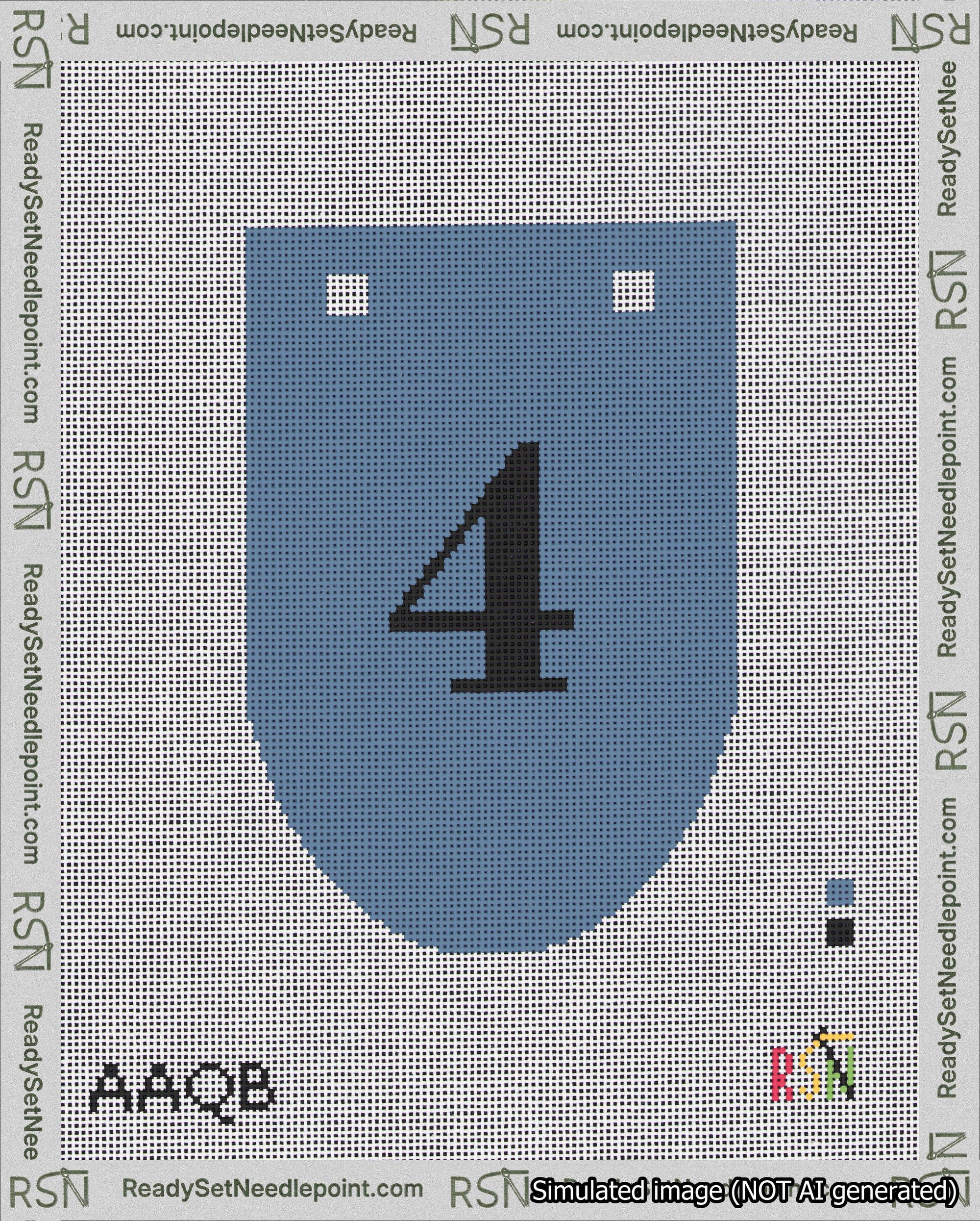 A taped needlepoint canvas with the design: Banner 18 mesh count Rounded 4 Black on Blue.