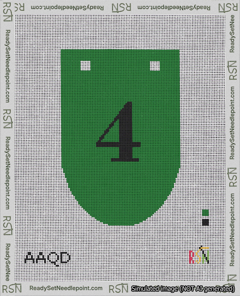 A taped needlepoint canvas with the design: Banner 18 mesh count Rounded 4 Black on Green.