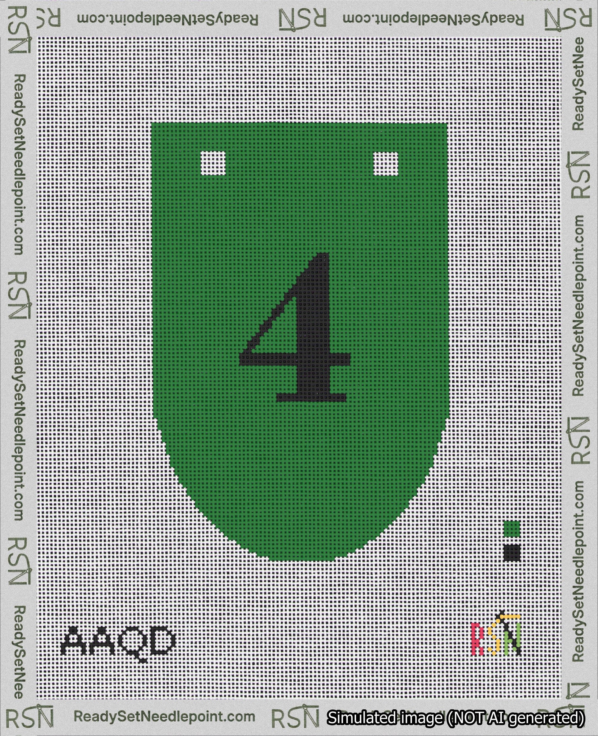 A taped needlepoint canvas with the design: Banner 18 mesh count Rounded 4 Black on Green.