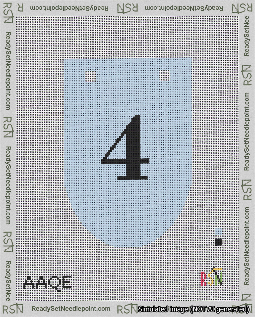 A taped needlepoint canvas with the design: Banner 18 mesh count Rounded 4 Black on Light Blue.