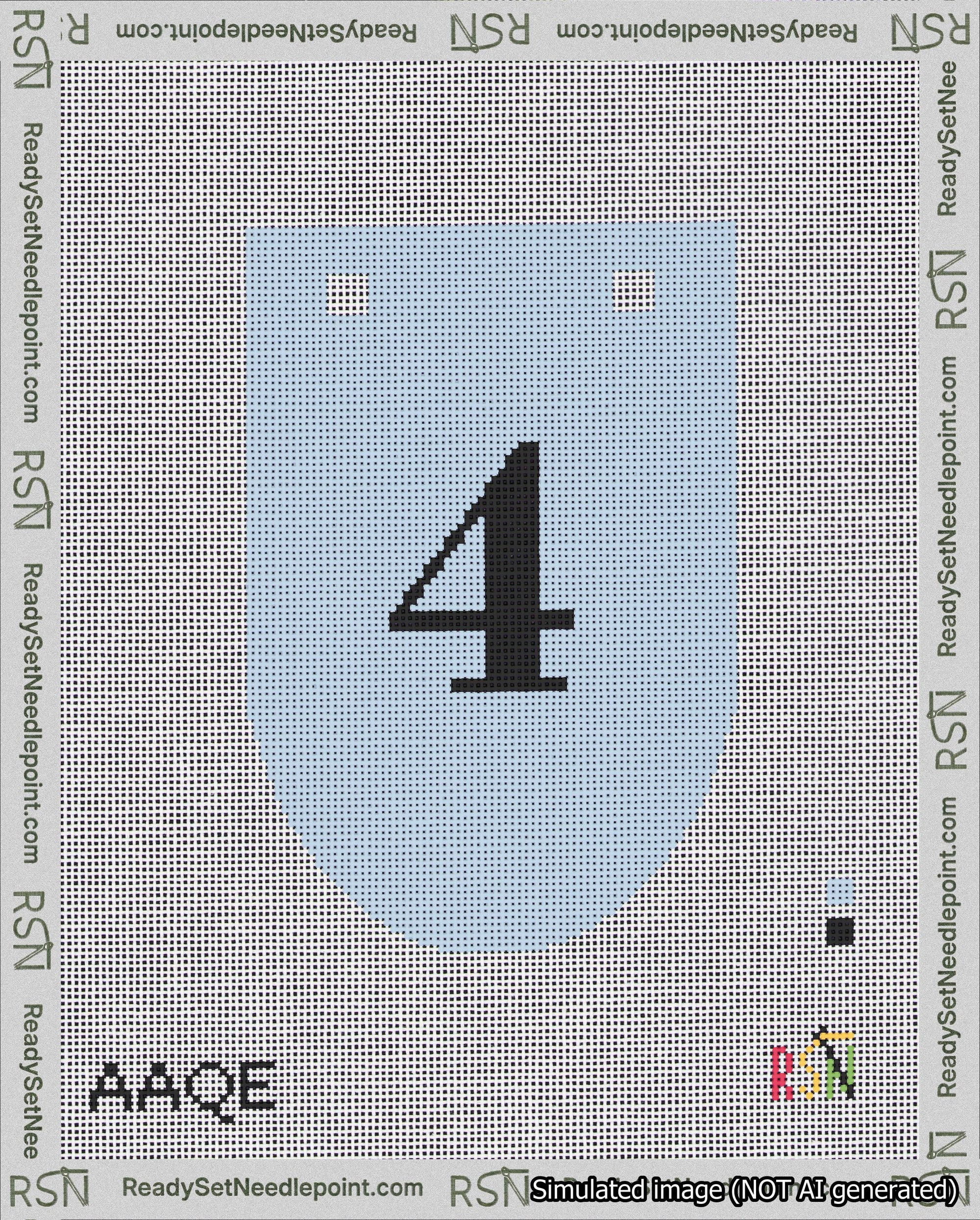 A taped needlepoint canvas with the design: Banner 18 mesh count Rounded 4 Black on Light Blue.