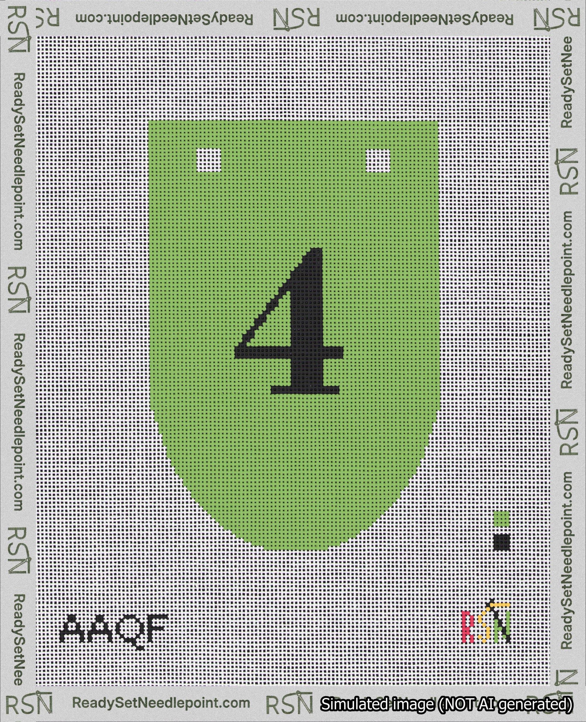 A taped needlepoint canvas with the design: Banner 18 mesh count Rounded 4 Black on Light Green.