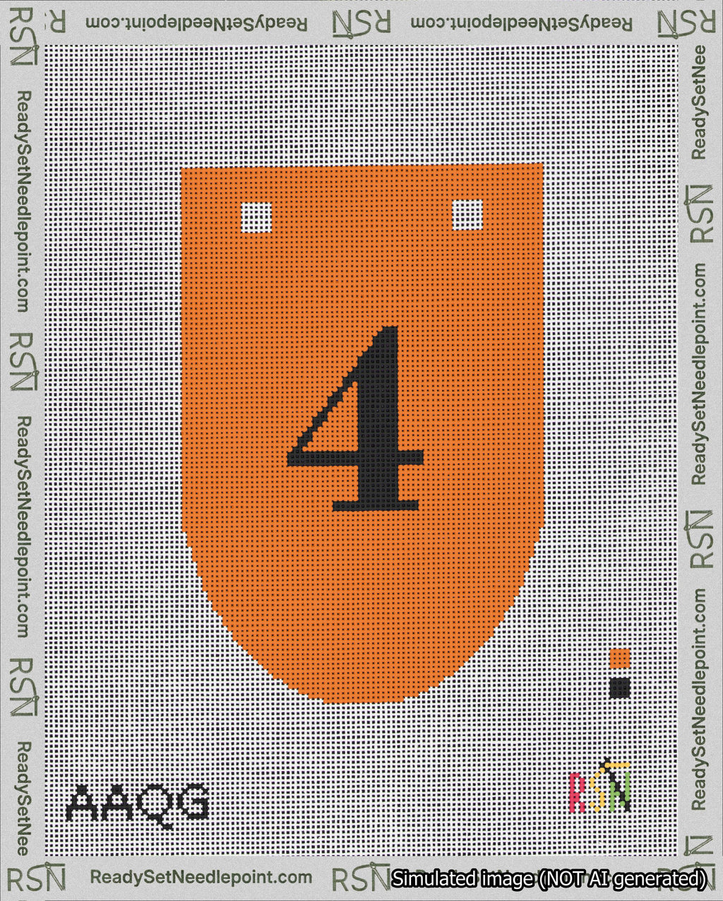 A taped needlepoint canvas with the design: Banner 18 mesh count Rounded 4 Black on Orange.