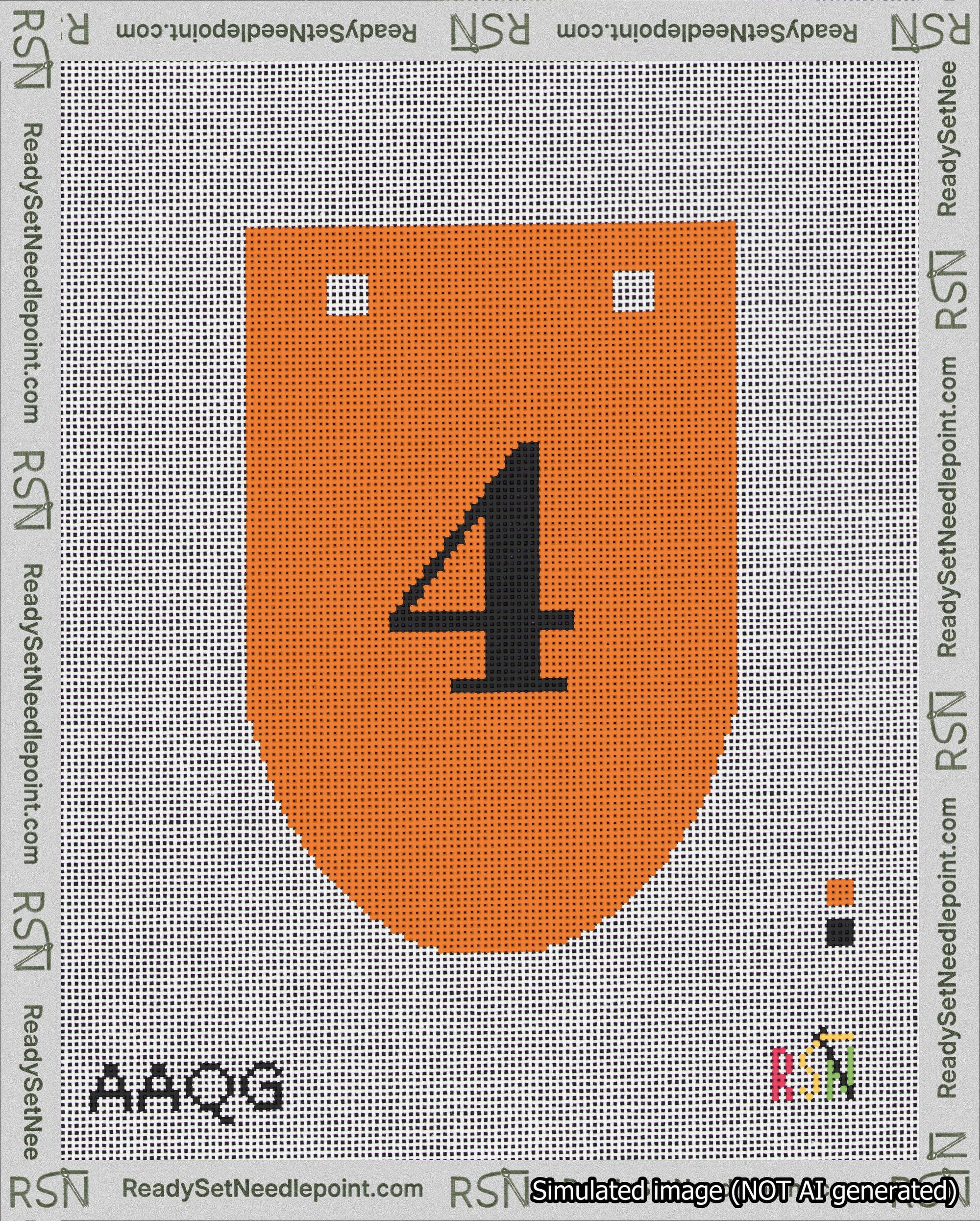 A taped needlepoint canvas with the design: Banner 18 mesh count Rounded 4 Black on Orange.