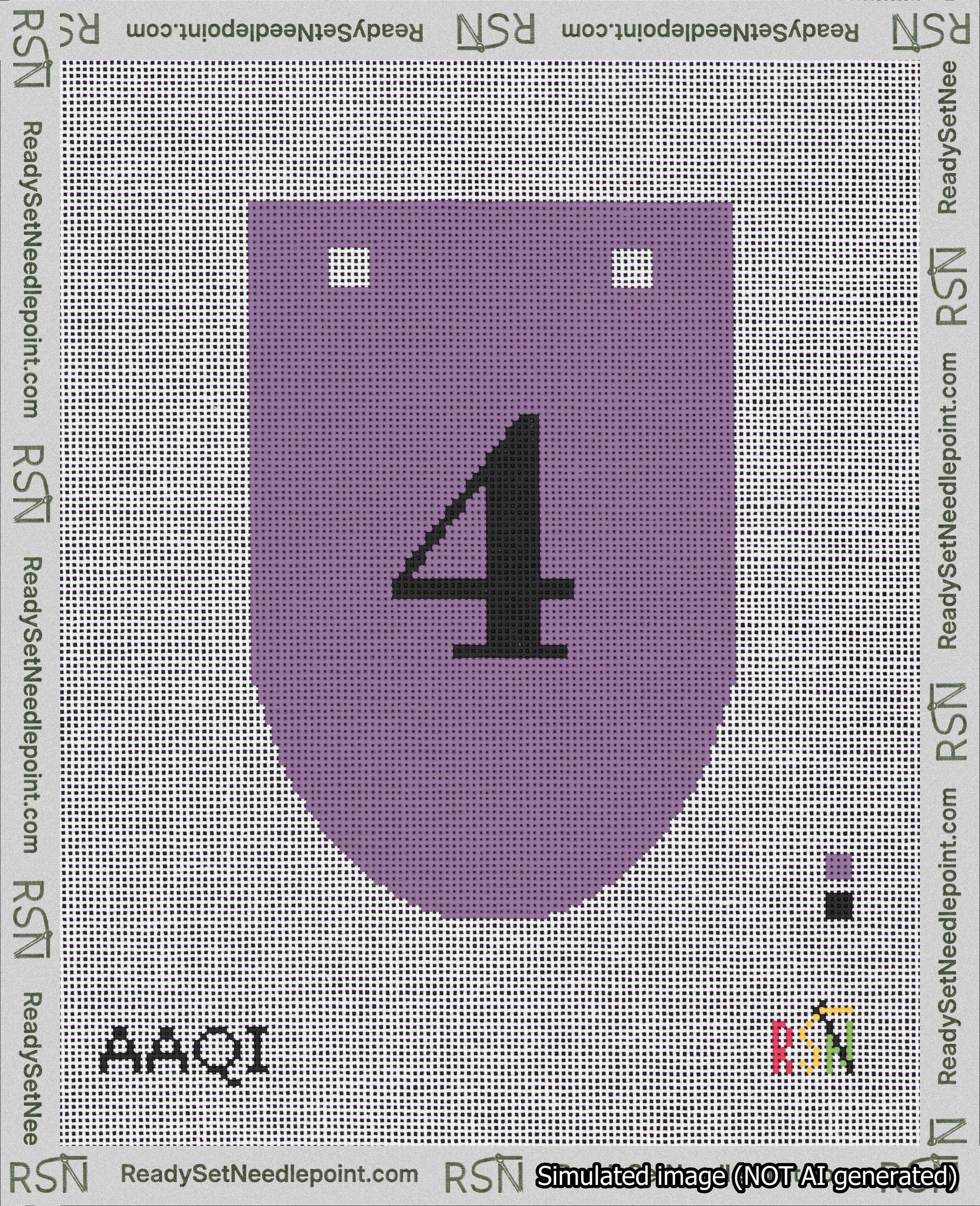 A taped needlepoint canvas with the design: Banner 18 mesh count Rounded 4 Black on Purple.