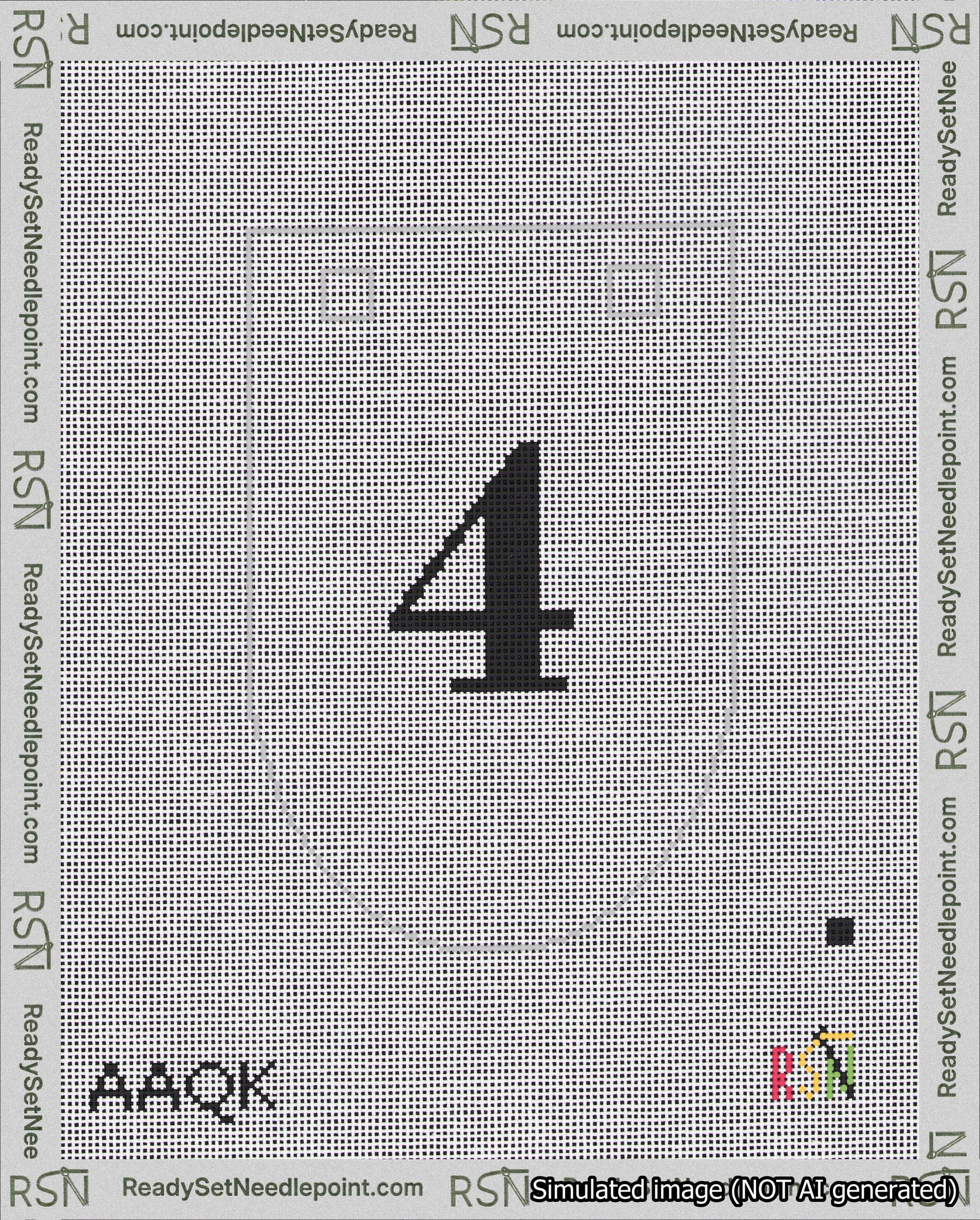 A taped needlepoint canvas with the design: Banner 18 mesh count Rounded 4 Black on White.