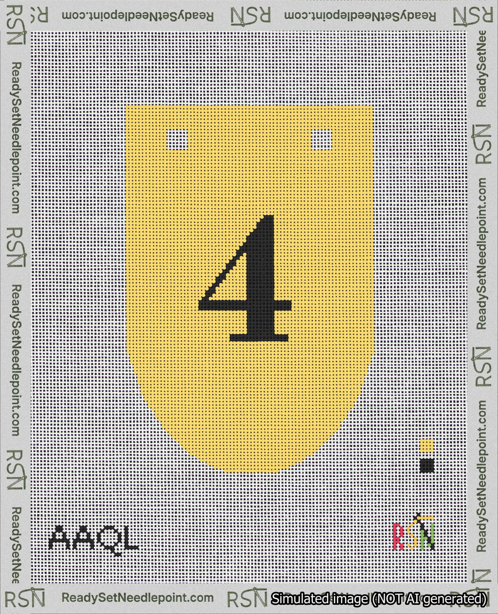 A taped needlepoint canvas with the design: Banner 18 mesh count Rounded 4 Black on Yellow.