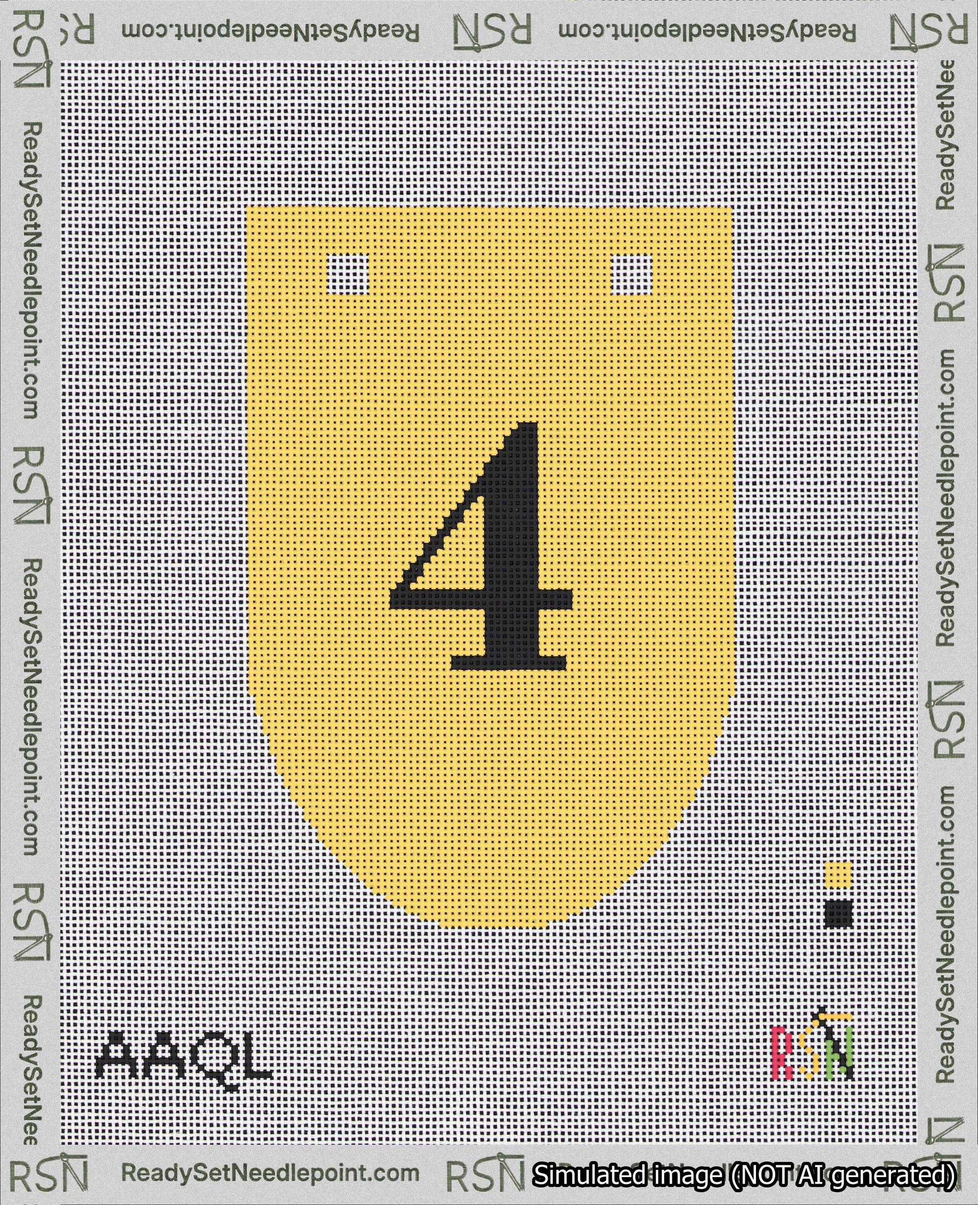A taped needlepoint canvas with the design: Banner 18 mesh count Rounded 4 Black on Yellow.