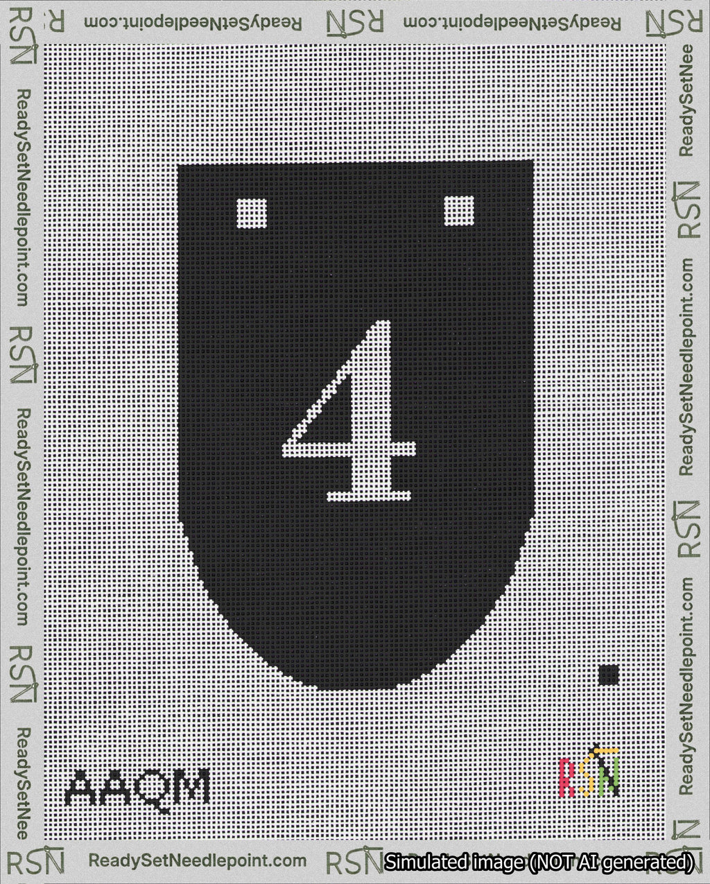 A taped needlepoint canvas with the design: Banner 18 mesh count Rounded 4 White on Black.