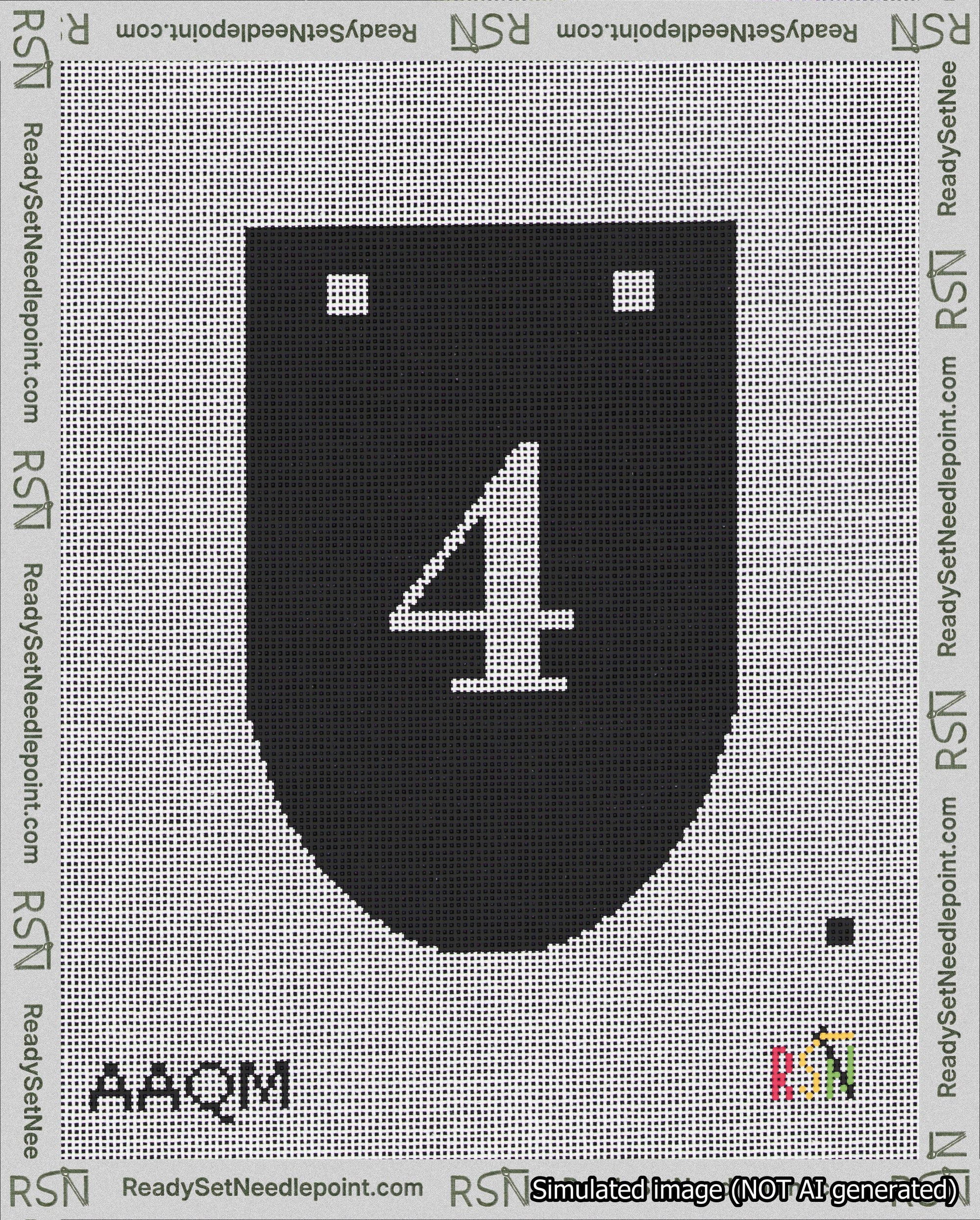 A taped needlepoint canvas with the design: Banner 18 mesh count Rounded 4 White on Black.