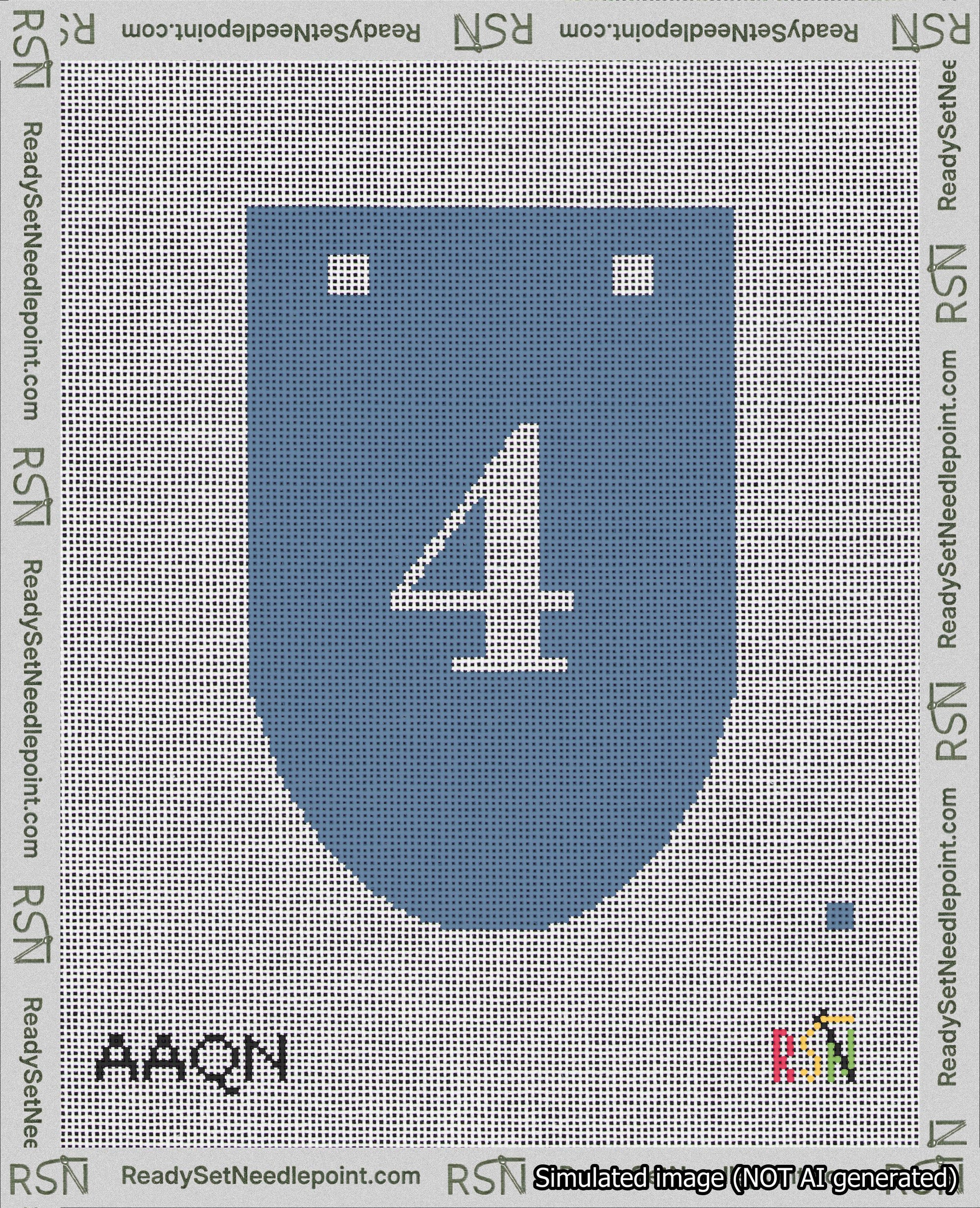 A taped needlepoint canvas with the design: Banner 18 mesh count Rounded 4 White on Blue.
