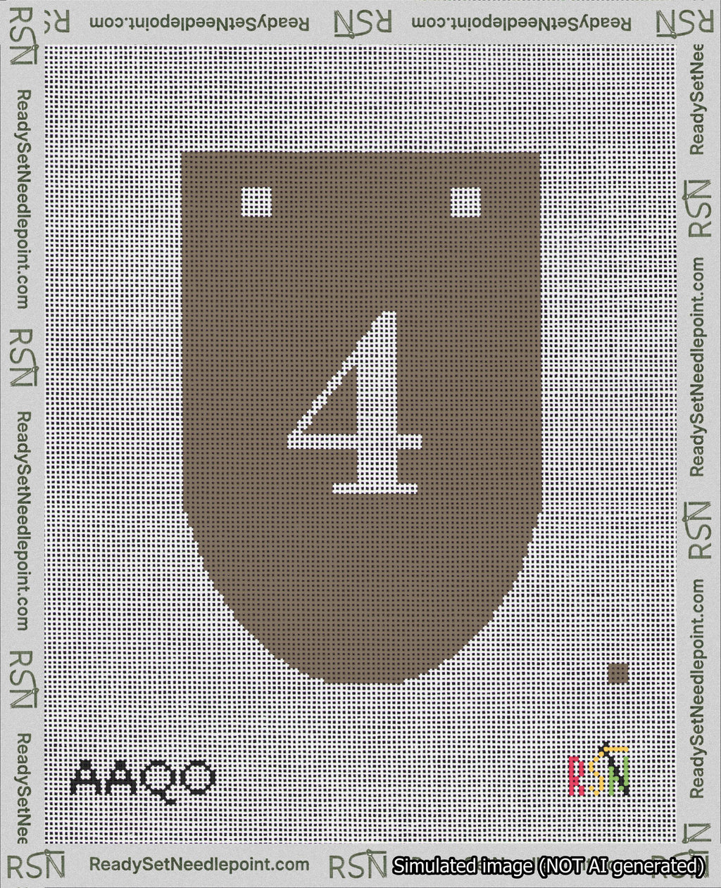 A taped needlepoint canvas with the design: Banner 18 mesh count Rounded 4 White on Brown.