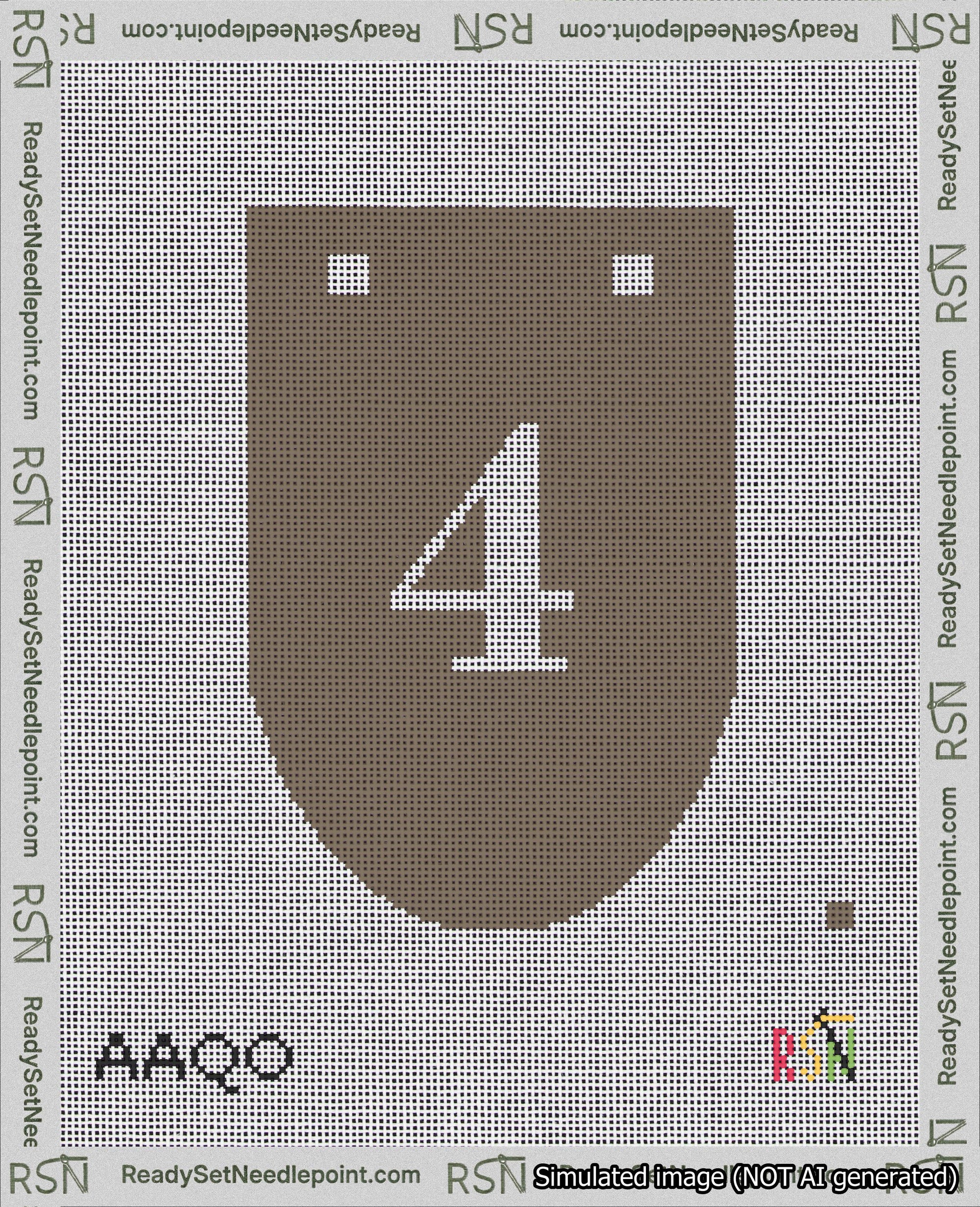 A taped needlepoint canvas with the design: Banner 18 mesh count Rounded 4 White on Brown.