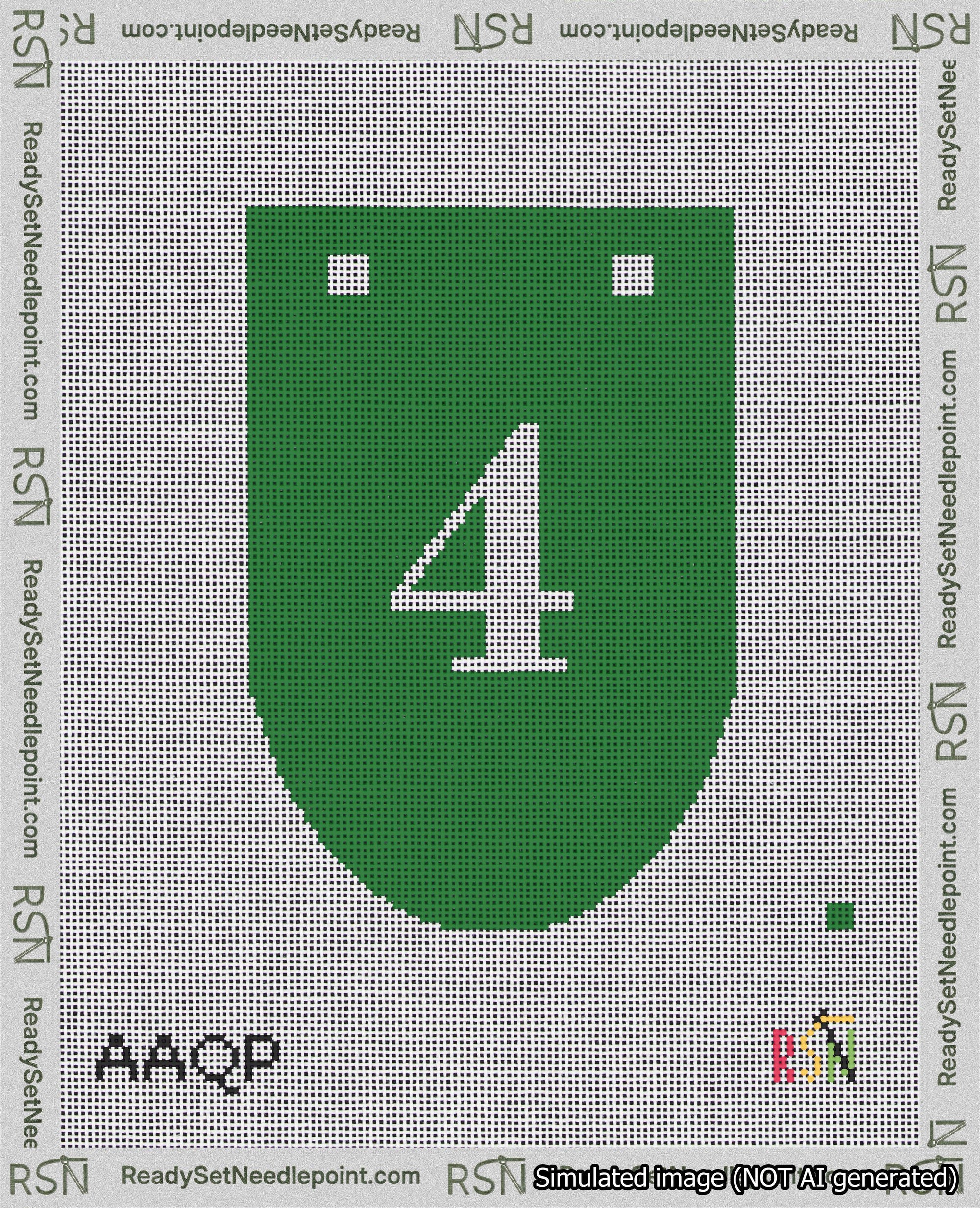 A taped needlepoint canvas with the design: Banner 18 mesh count Rounded 4 White on Green.