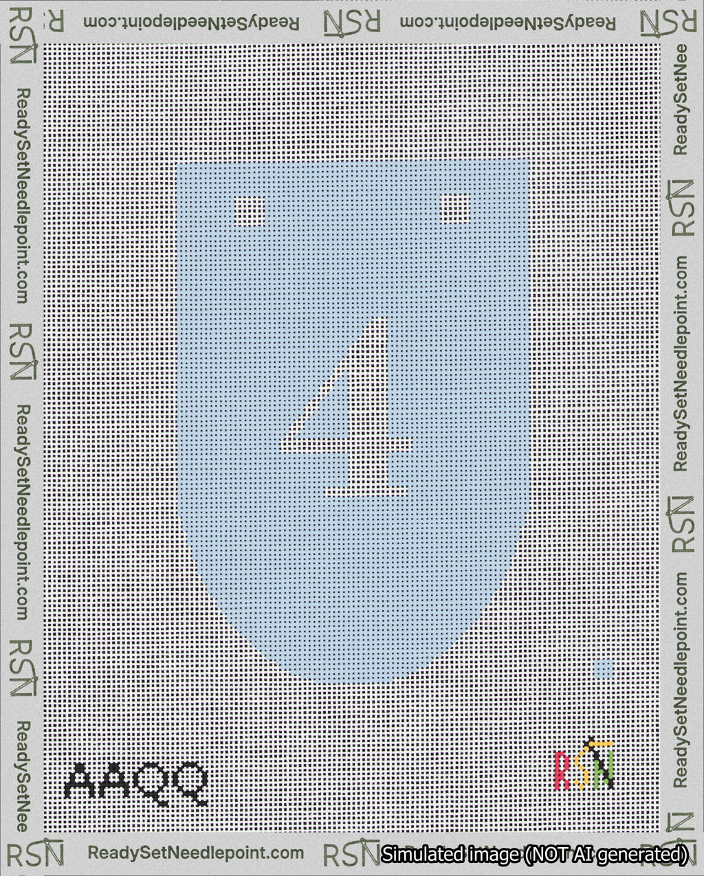 A taped needlepoint canvas with the design: Banner 18 mesh count Rounded 4 White on Light Blue.