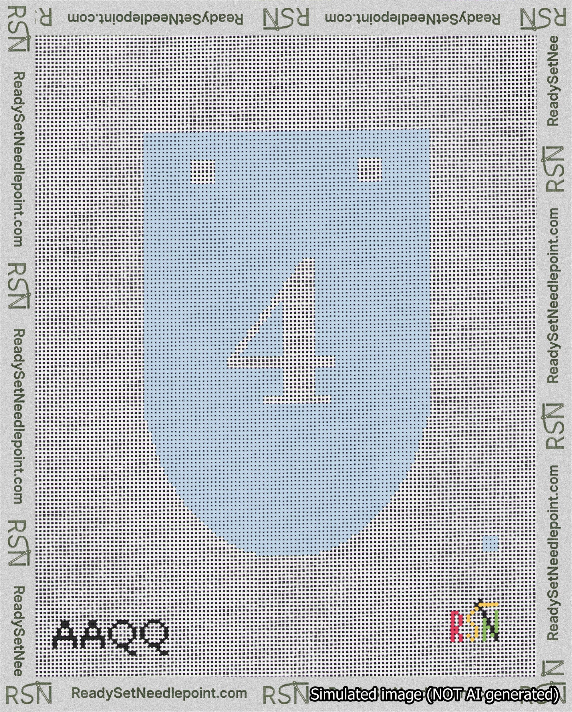 A taped needlepoint canvas with the design: Banner 18 mesh count Rounded 4 White on Light Blue.