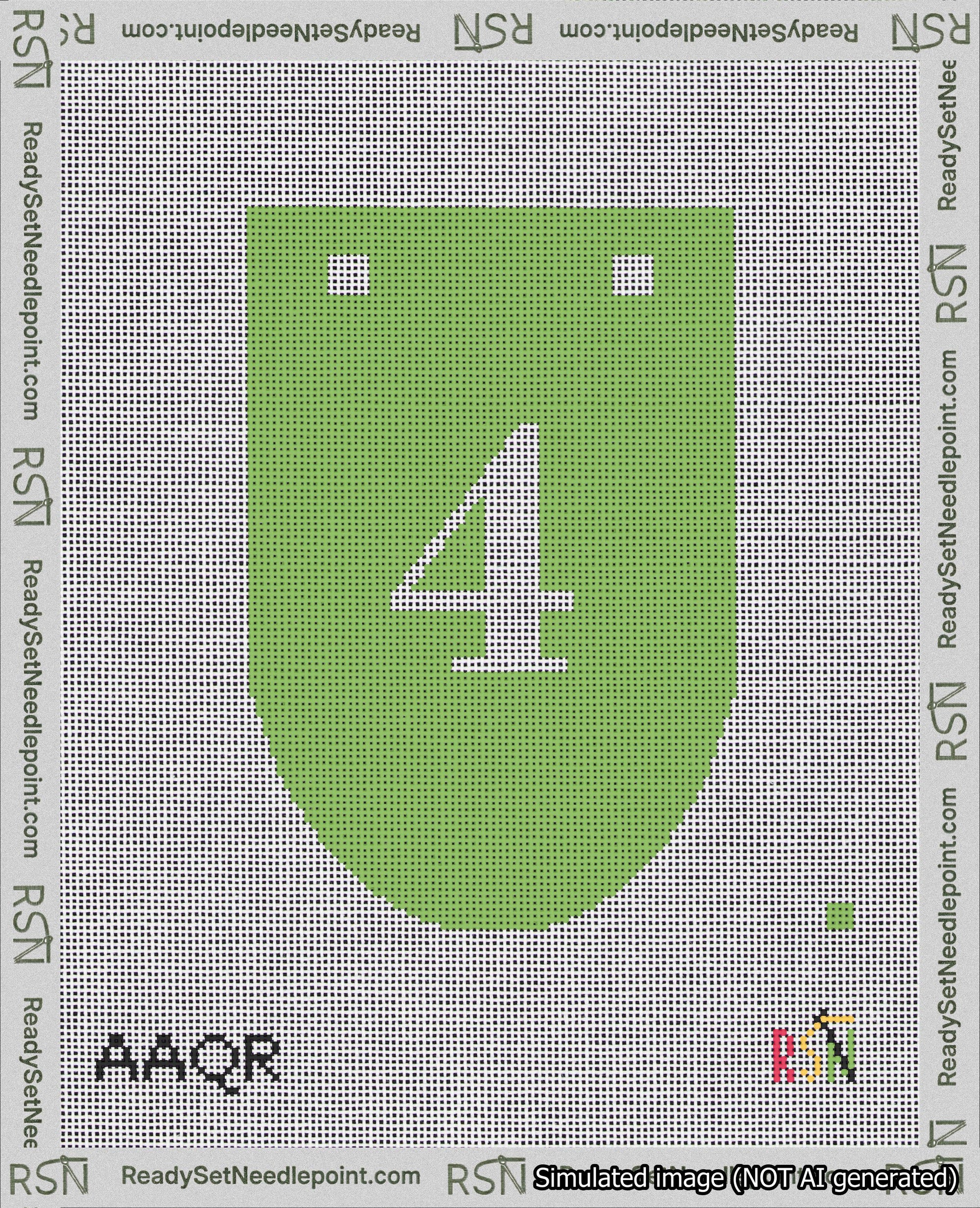 A taped needlepoint canvas with the design: Banner 18 mesh count Rounded 4 White on Light Green.