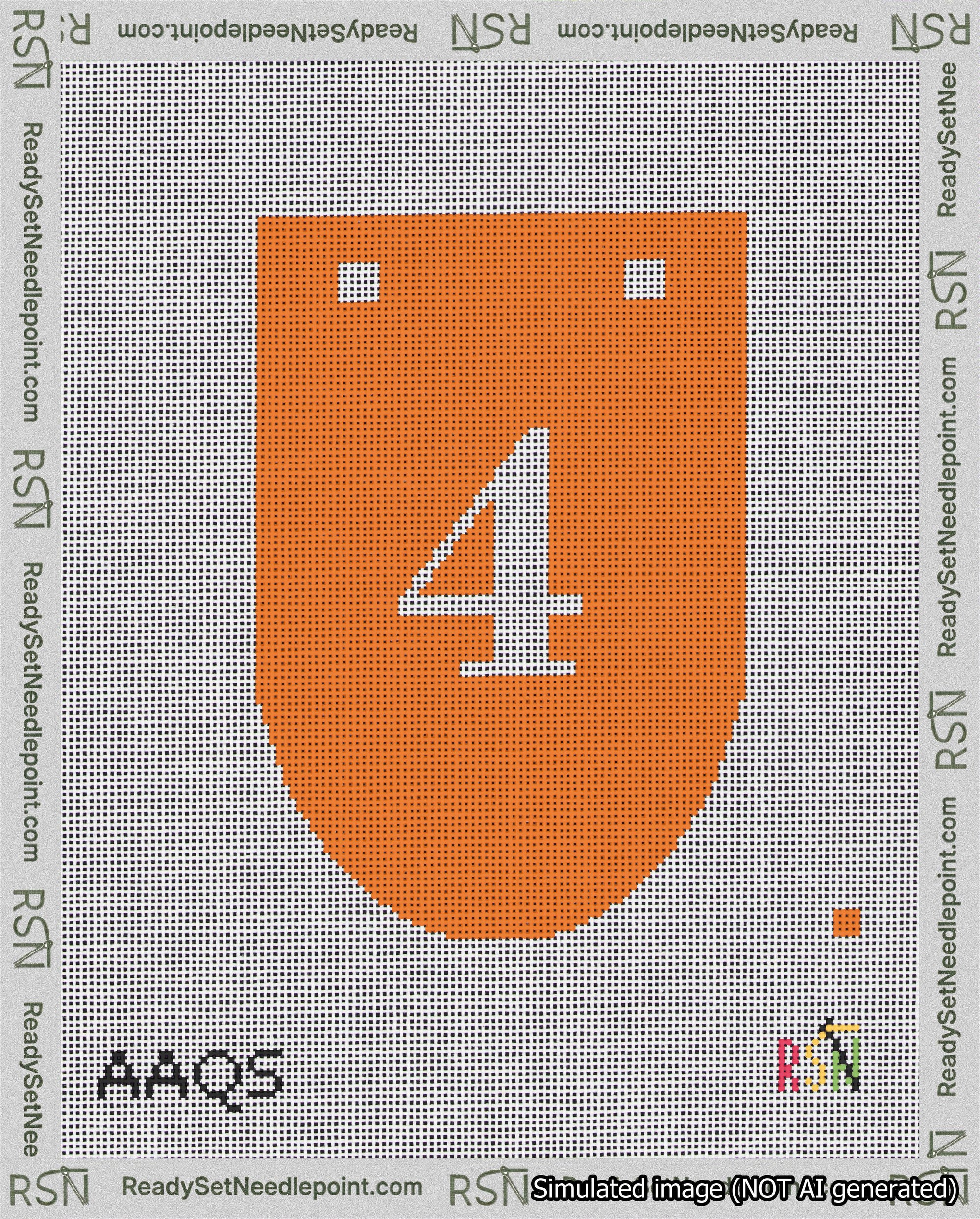 A taped needlepoint canvas with the design: Banner 18 mesh count Rounded 4 White on Orange.