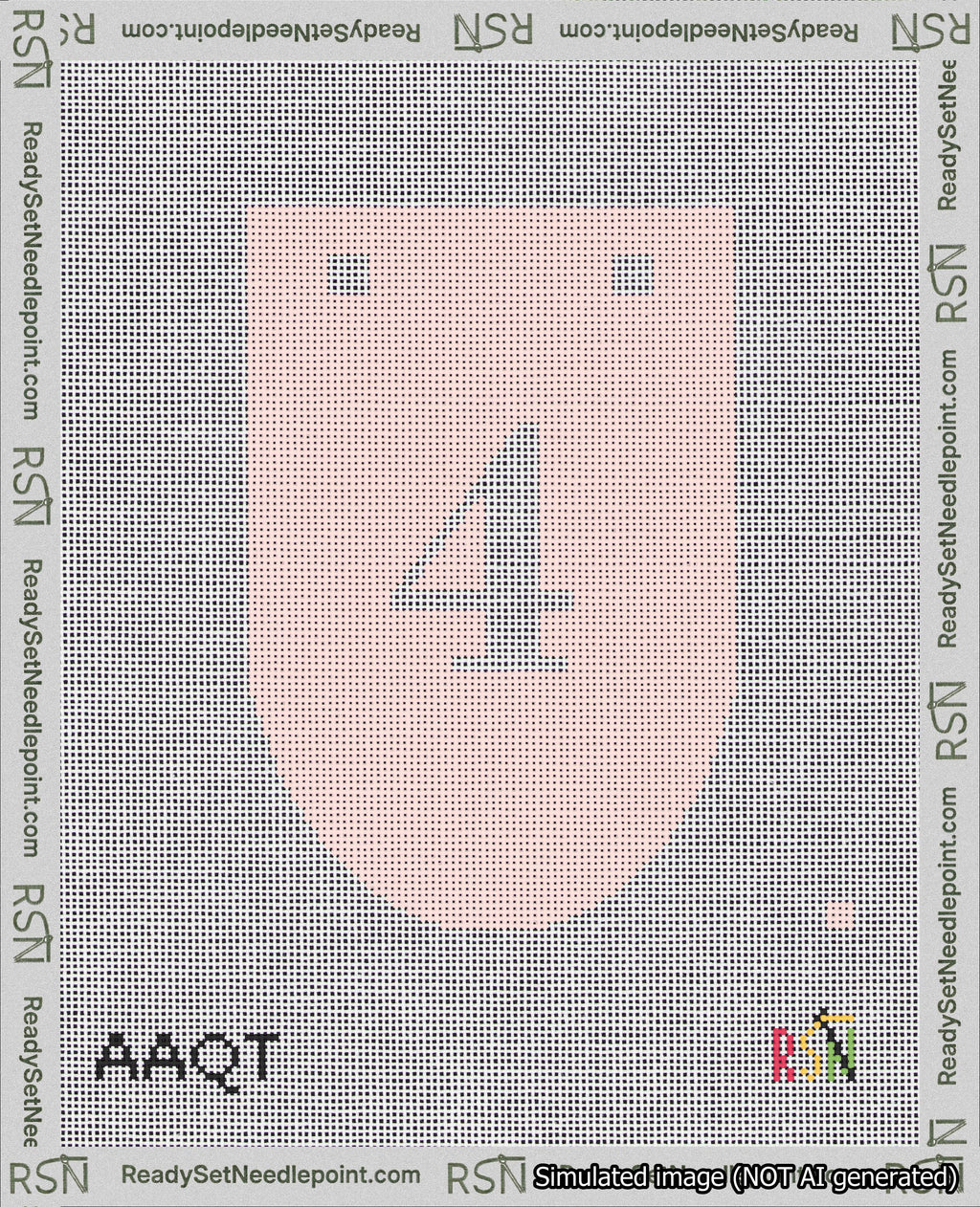 A taped needlepoint canvas with the design: Banner 18 mesh count Rounded 4 White on Pink.