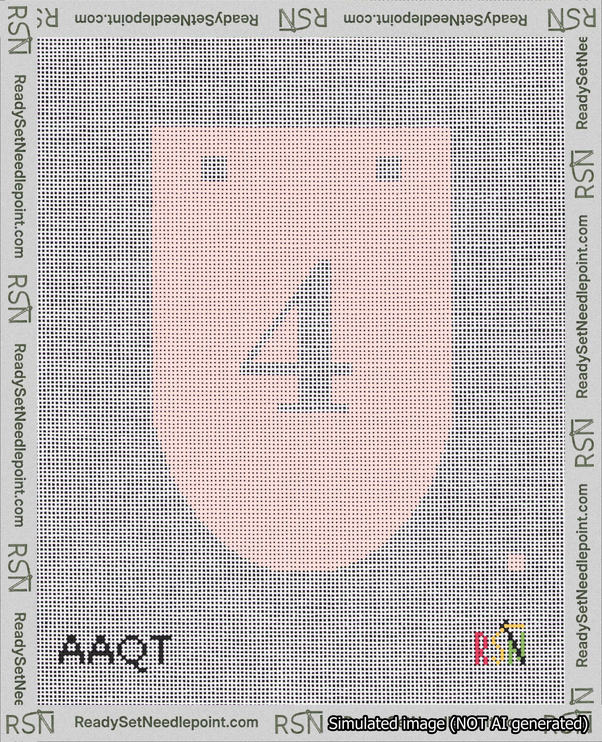 A taped needlepoint canvas with the design: Banner 18 mesh count Rounded 4 White on Pink.