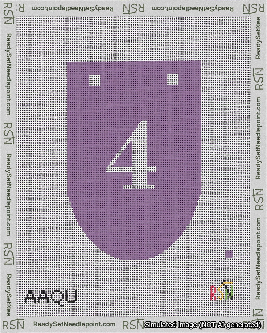A taped needlepoint canvas with the design: Banner 18 mesh count Rounded 4 White on Purple.