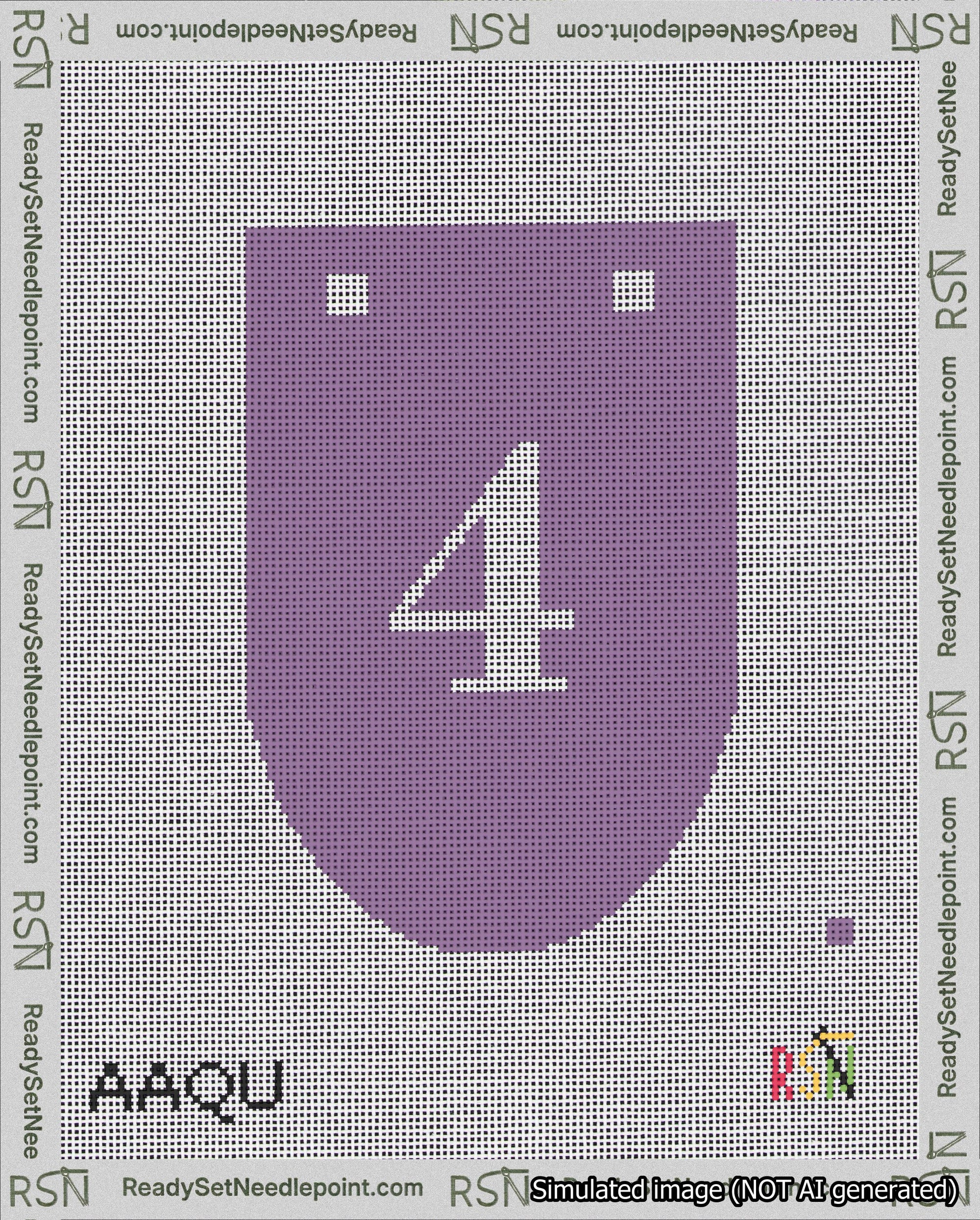 A taped needlepoint canvas with the design: Banner 18 mesh count Rounded 4 White on Purple.