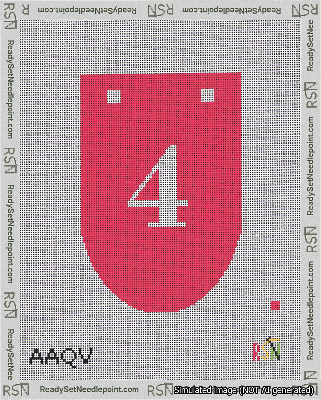 A taped needlepoint canvas with the design: Banner 18 mesh count Rounded 4 White on Red.