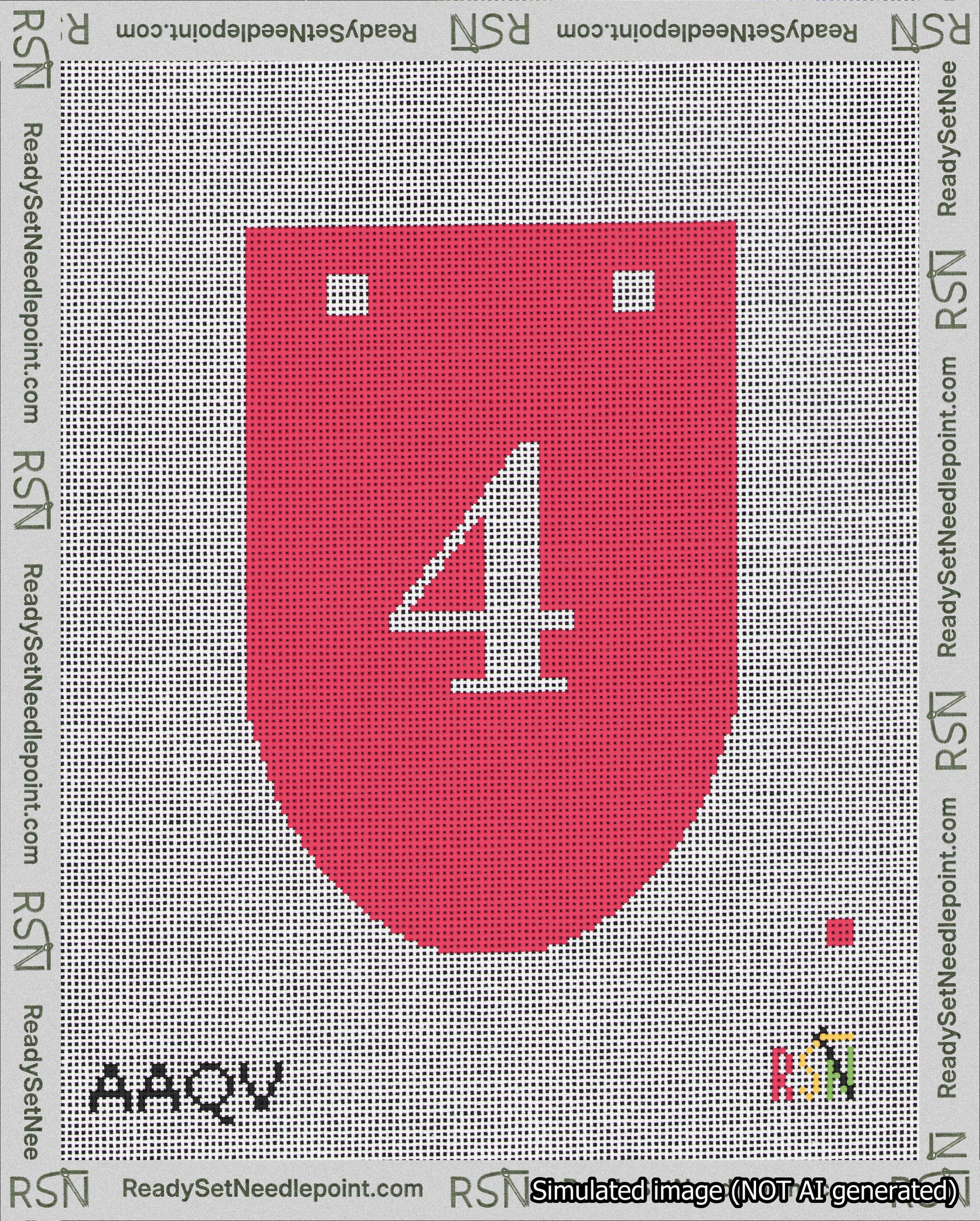 A taped needlepoint canvas with the design: Banner 18 mesh count Rounded 4 White on Red.
