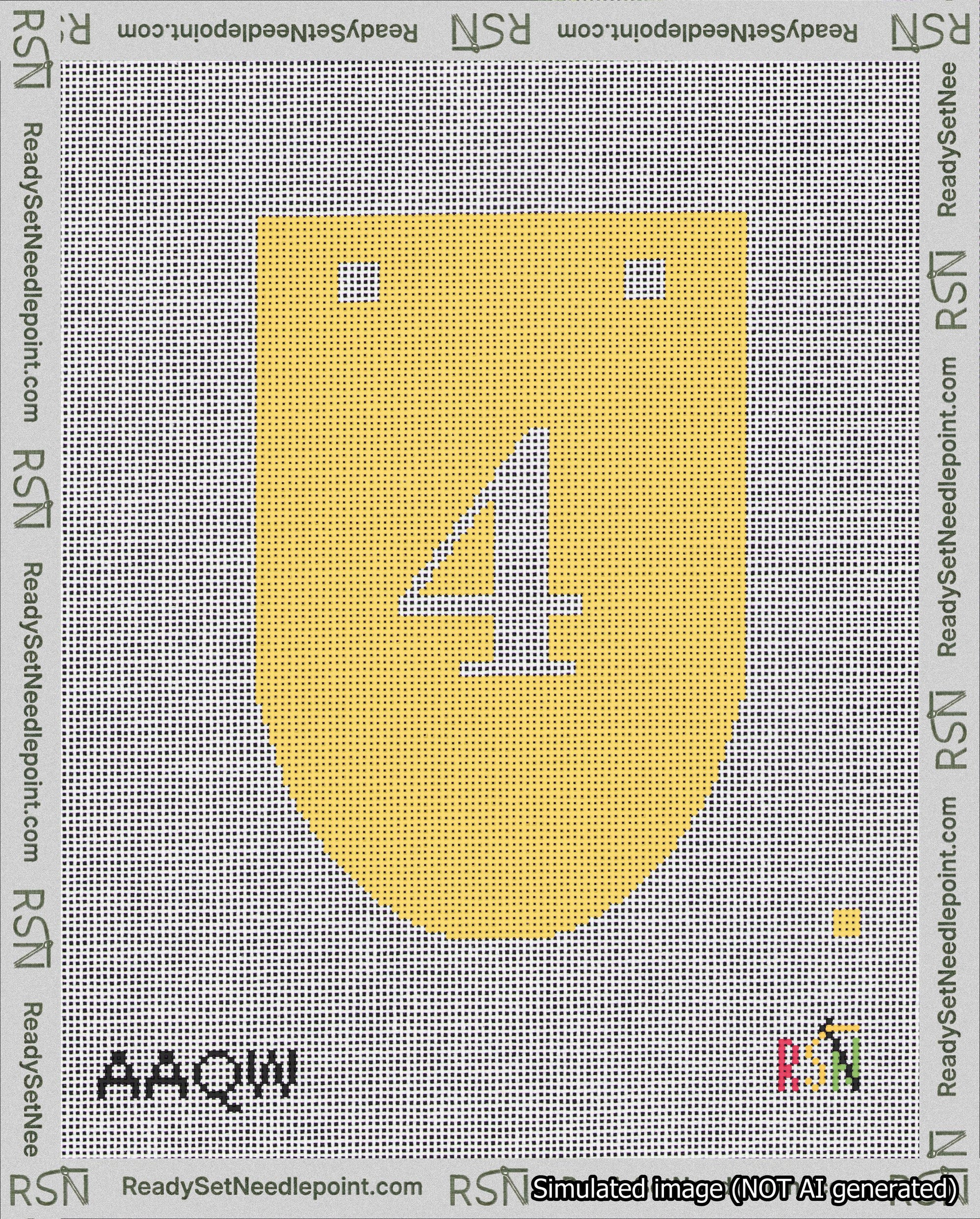 A taped needlepoint canvas with the design: Banner 18 mesh count Rounded 4 White on Yellow.