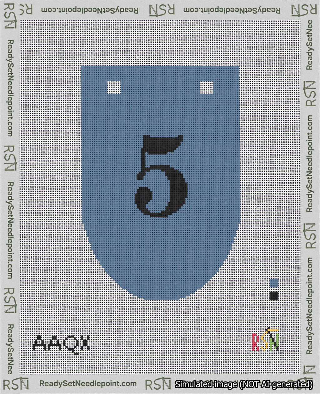 A taped needlepoint canvas with the design: Banner 18 mesh count Rounded 5 Black on Blue.