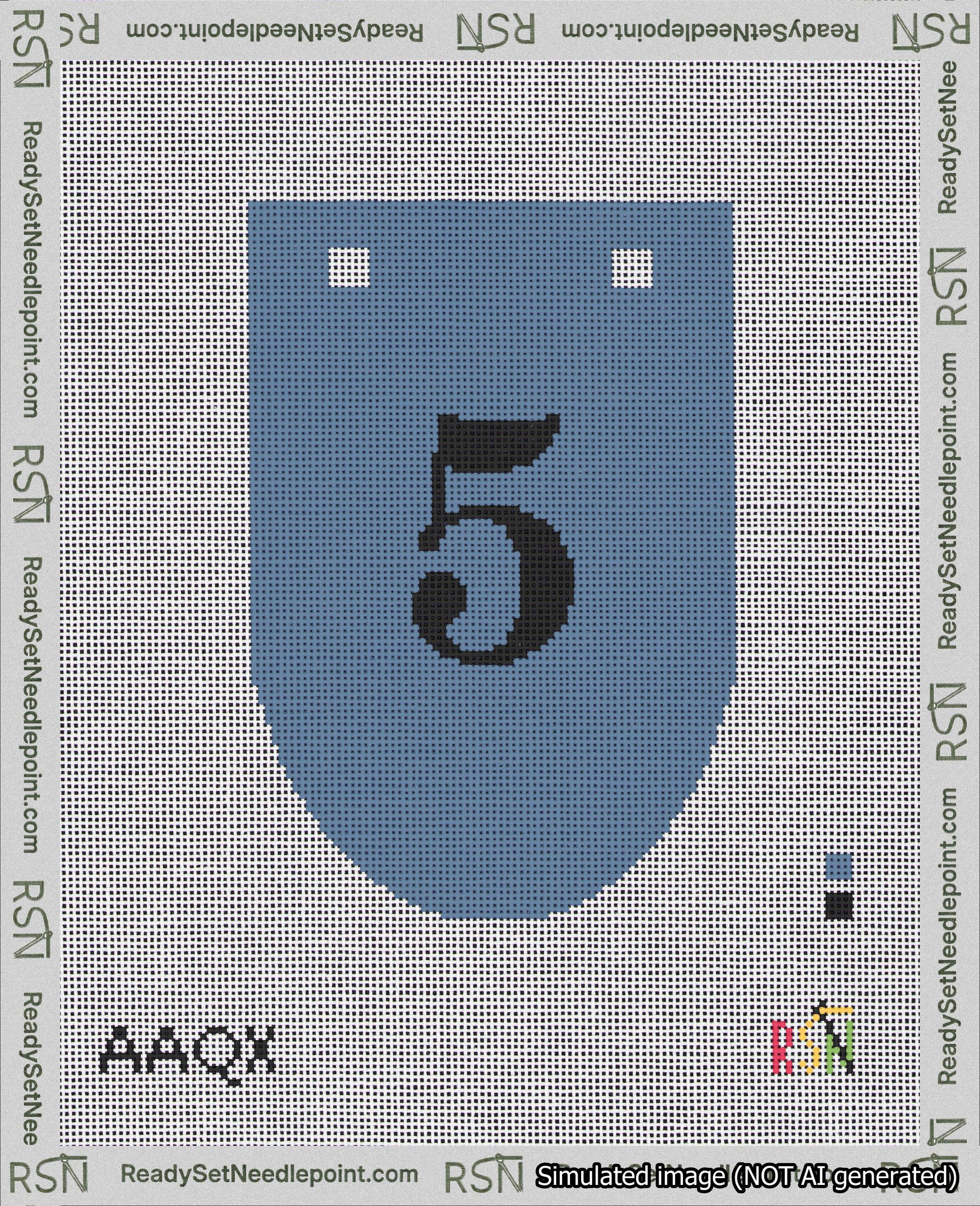 A taped needlepoint canvas with the design: Banner 18 mesh count Rounded 5 Black on Blue.