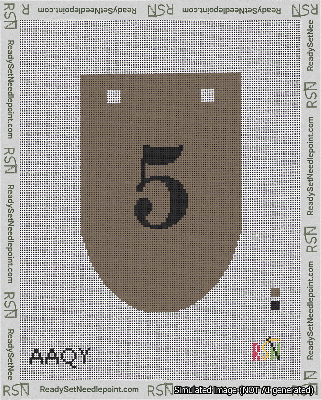 A taped needlepoint canvas with the design: Banner 18 mesh count Rounded 5 Black on Brown.