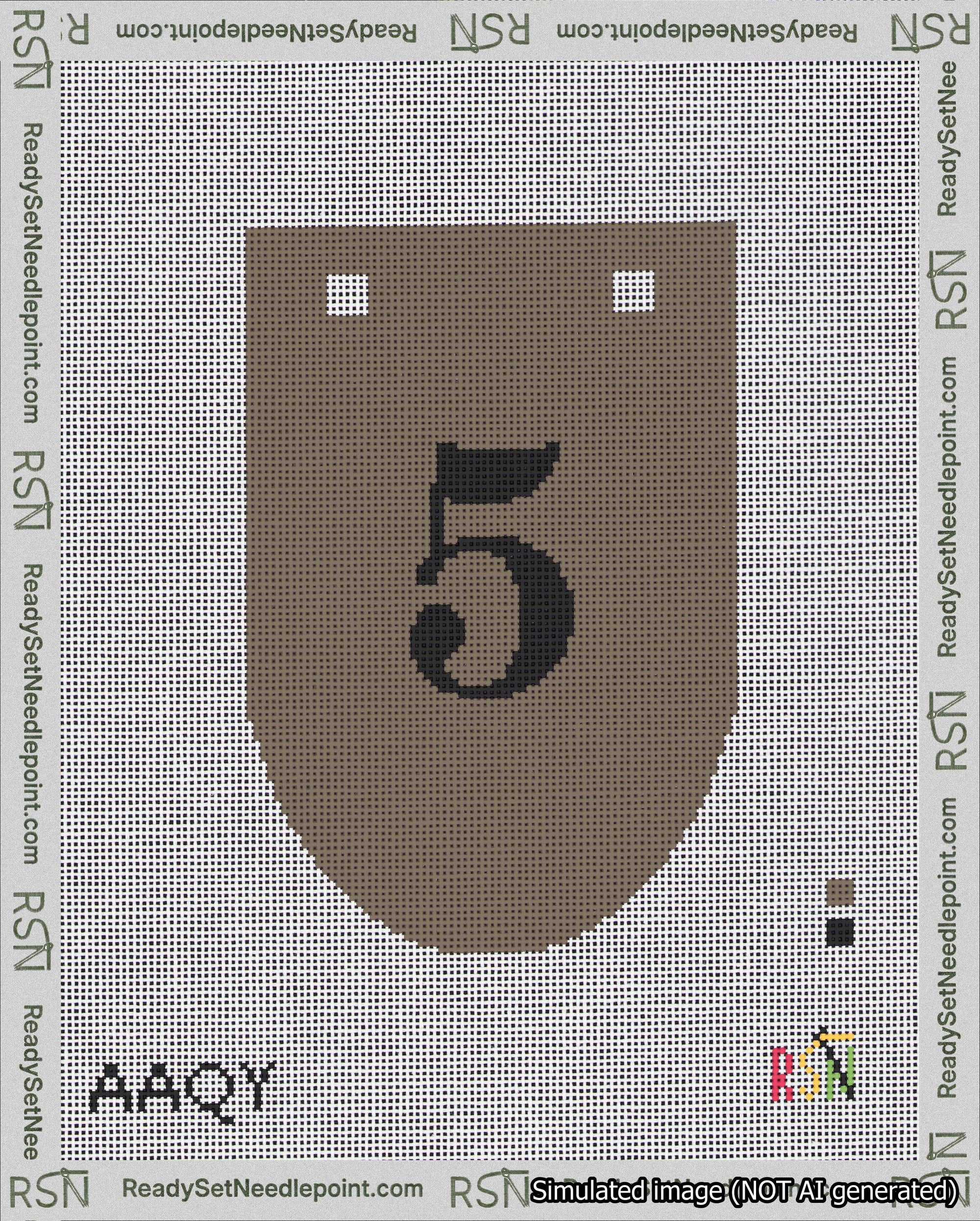 A taped needlepoint canvas with the design: Banner 18 mesh count Rounded 5 Black on Brown.