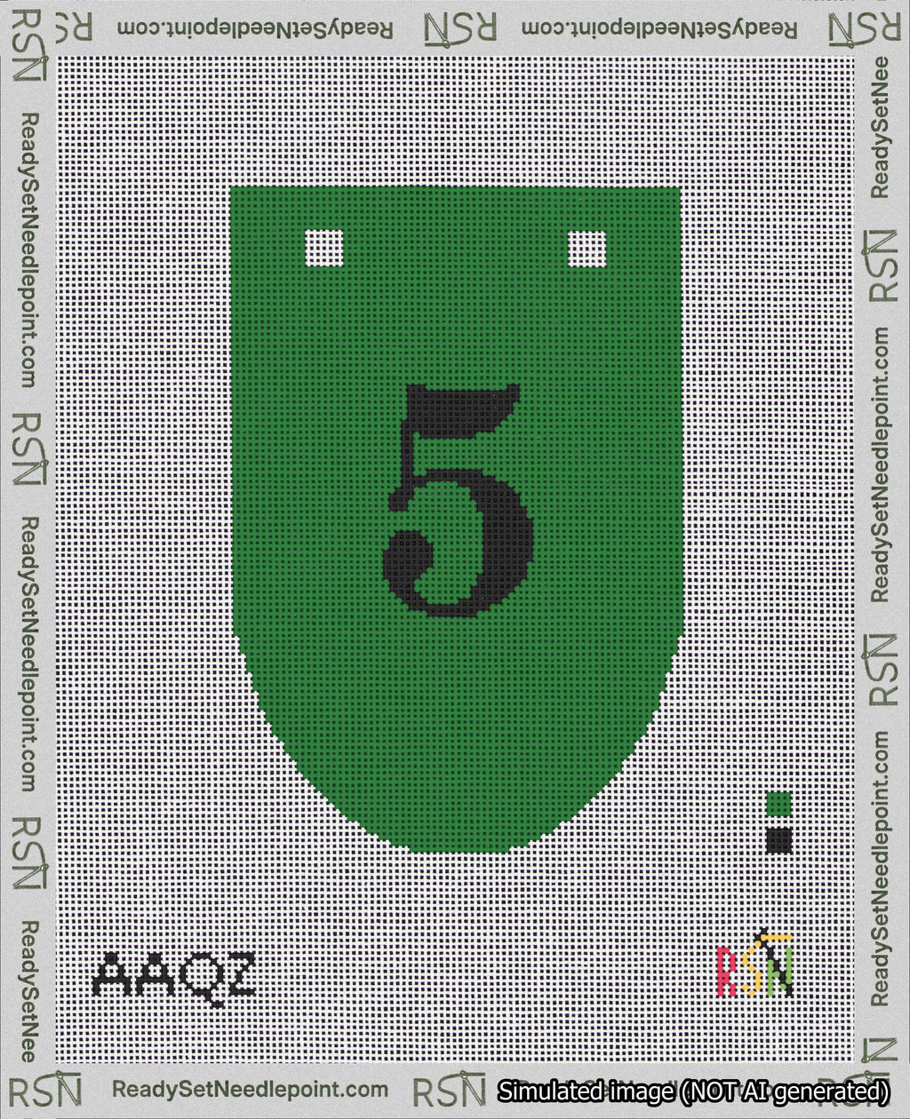 A taped needlepoint canvas with the design: Banner 18 mesh count Rounded 5 Black on Green.