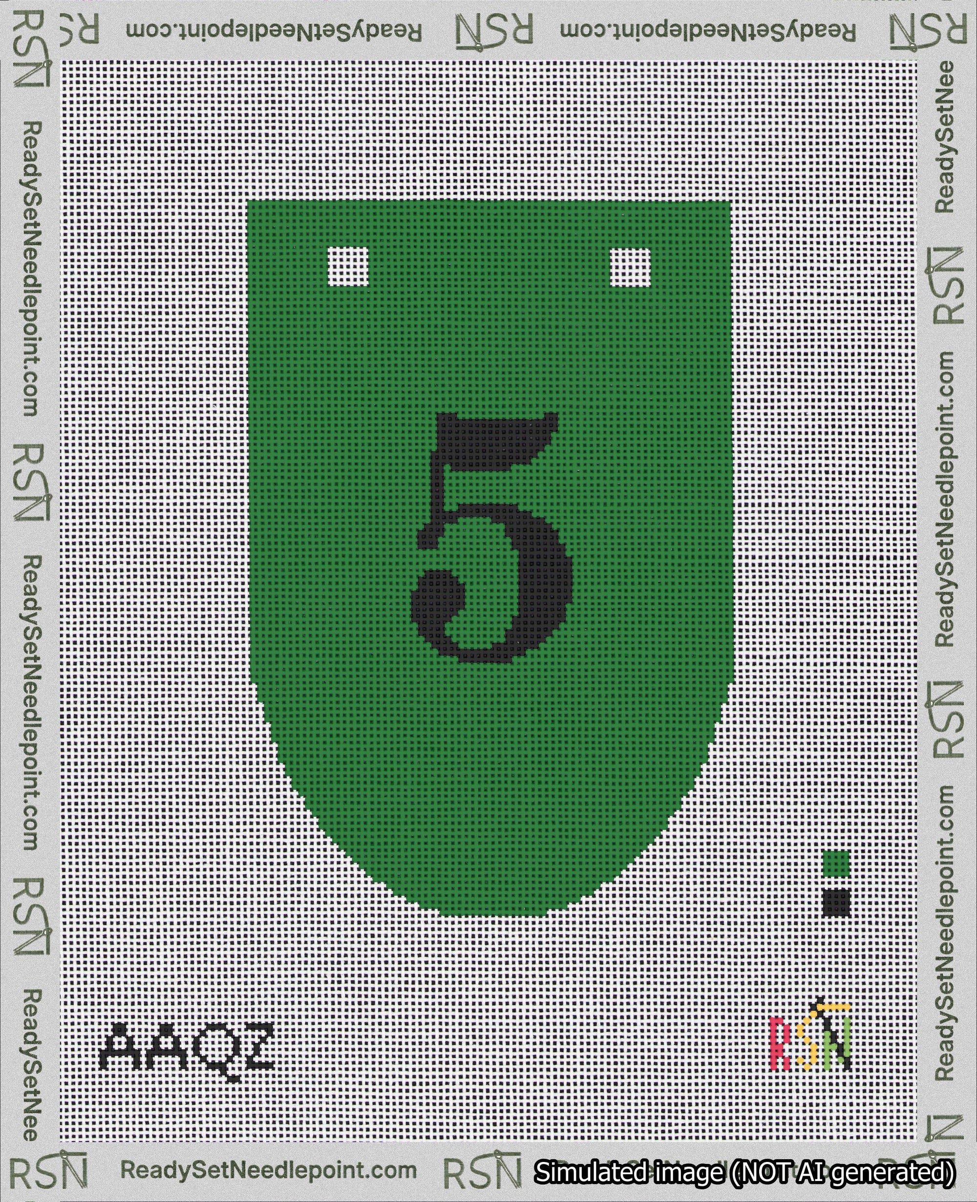 A taped needlepoint canvas with the design: Banner 18 mesh count Rounded 5 Black on Green.