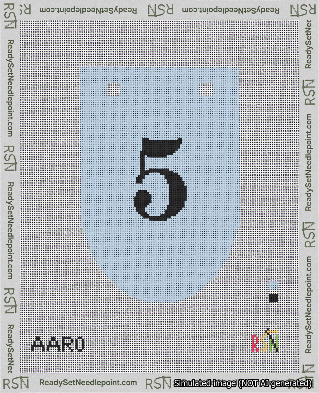 A taped needlepoint canvas with the design: Banner 18 mesh count Rounded 5 Black on Light Blue.