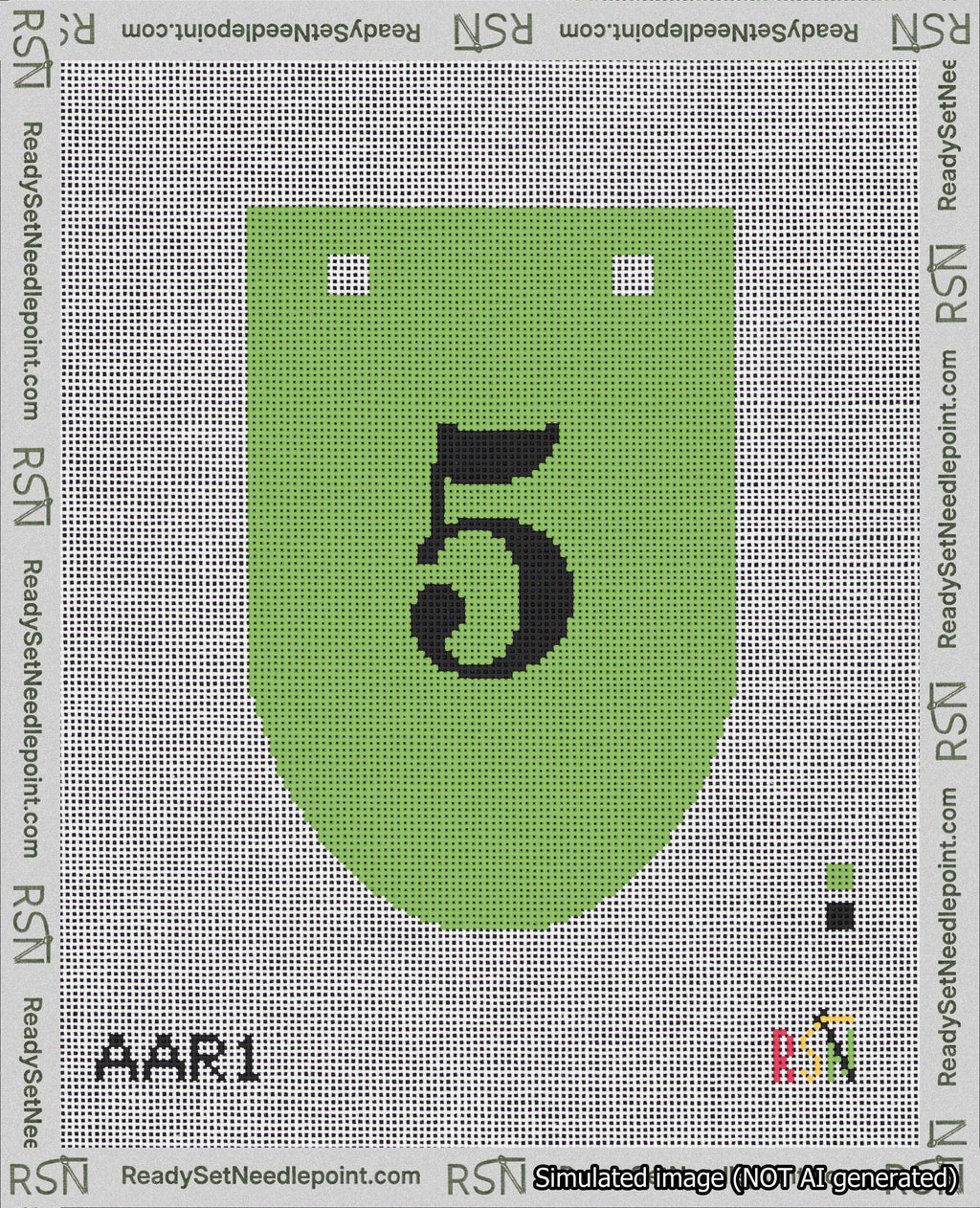 A taped needlepoint canvas with the design: Banner 18 mesh count Rounded 5 Black on Light Green.