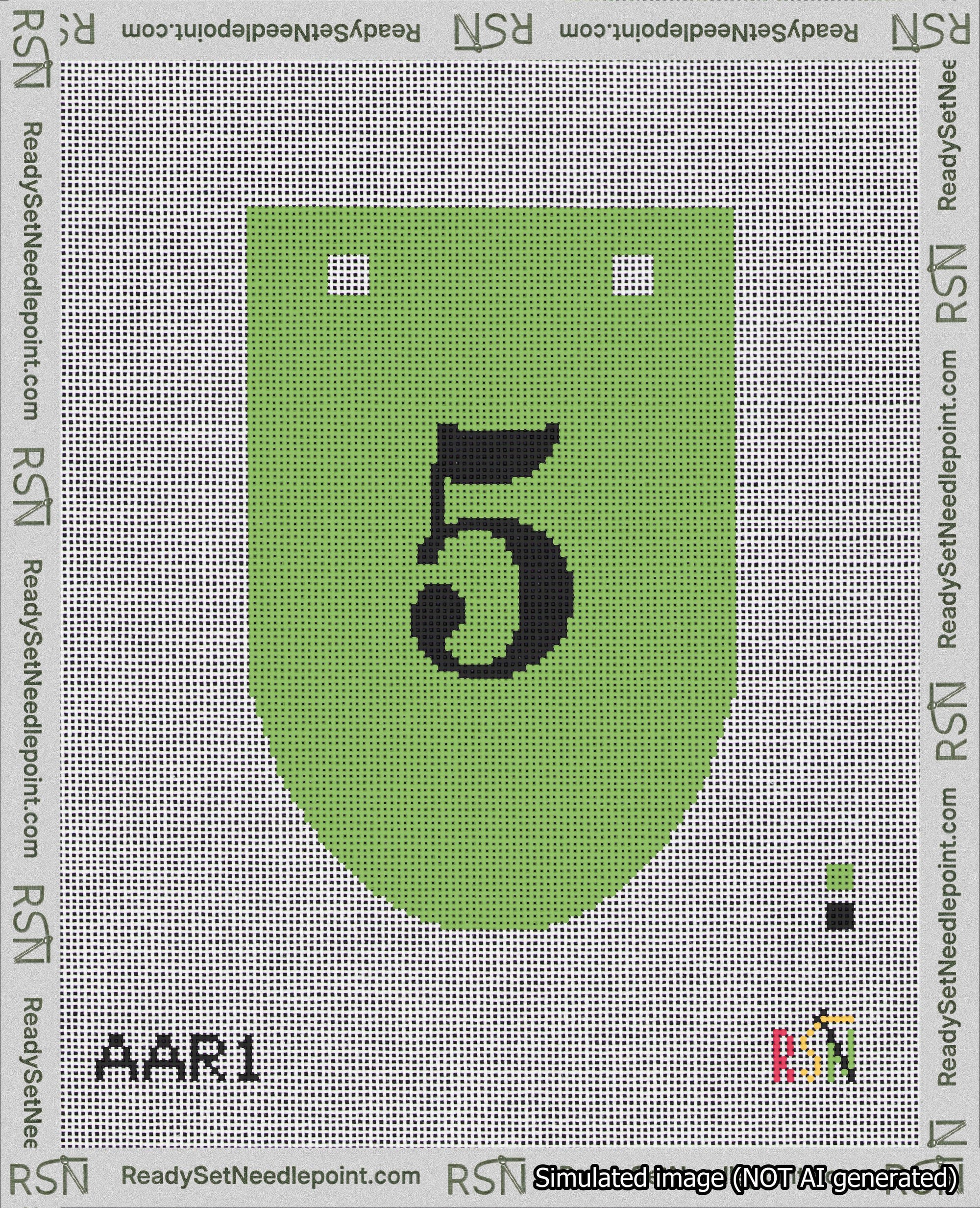 A taped needlepoint canvas with the design: Banner 18 mesh count Rounded 5 Black on Light Green.