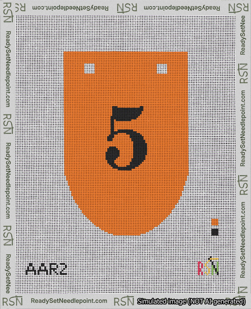 A taped needlepoint canvas with the design: Banner 18 mesh count Rounded 5 Black on Orange.