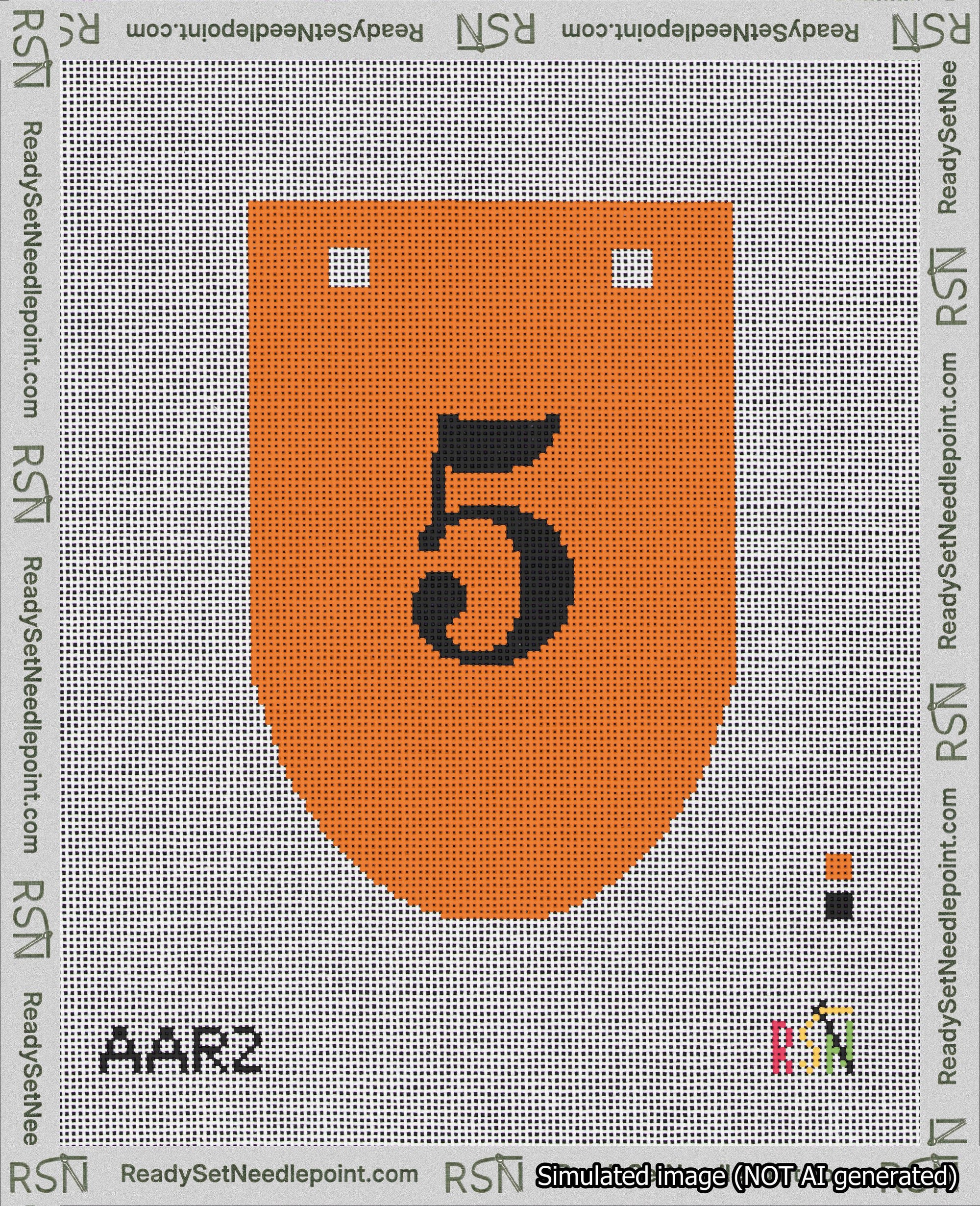 A taped needlepoint canvas with the design: Banner 18 mesh count Rounded 5 Black on Orange.