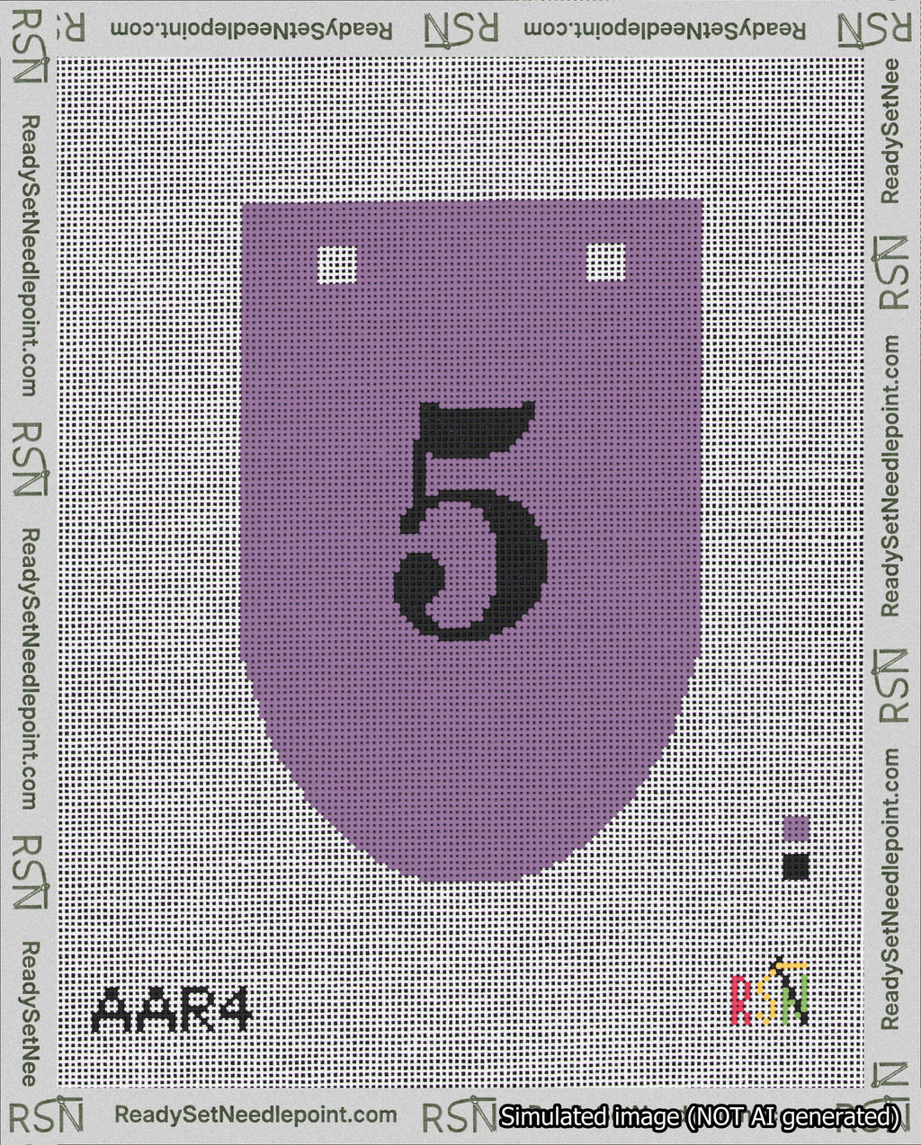 A taped needlepoint canvas with the design: Banner 18 mesh count Rounded 5 Black on Purple.