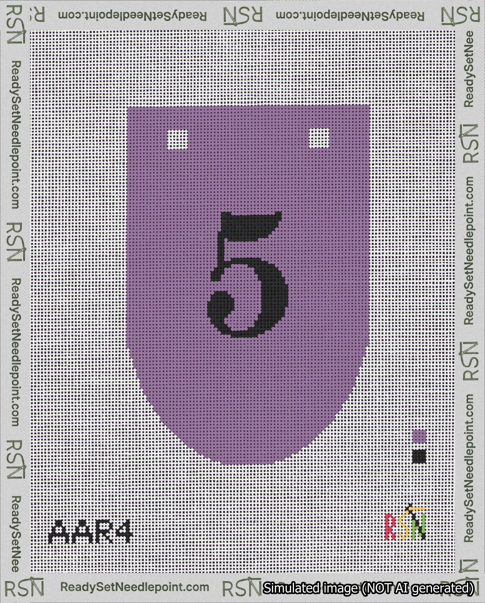 A taped needlepoint canvas with the design: Banner 18 mesh count Rounded 5 Black on Purple.