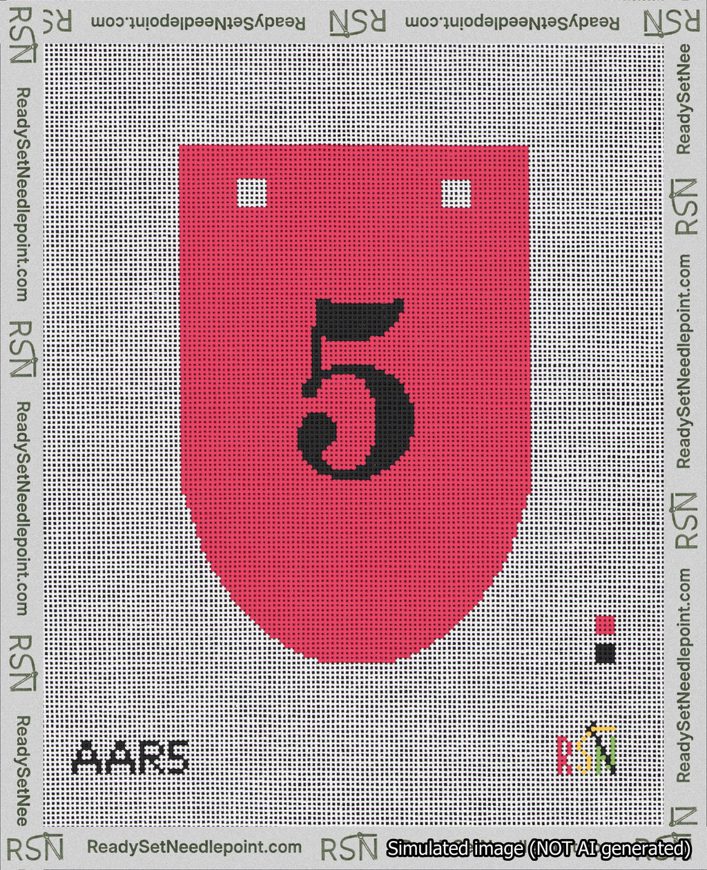 A taped needlepoint canvas with the design: Banner 18 mesh count Rounded 5 Black on Red.