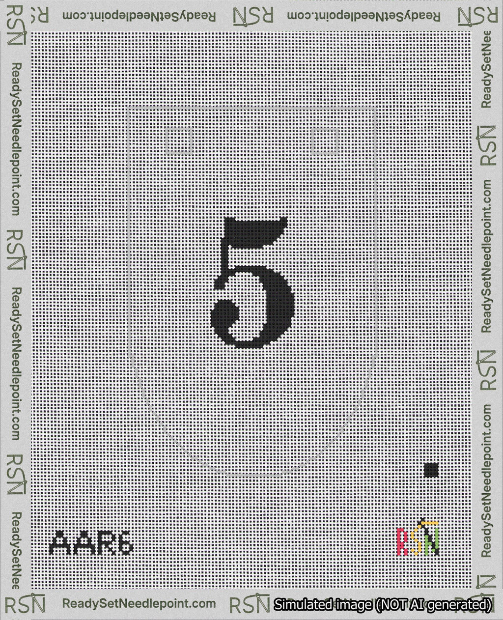 A taped needlepoint canvas with the design: Banner 18 mesh count Rounded 5 Black on White.