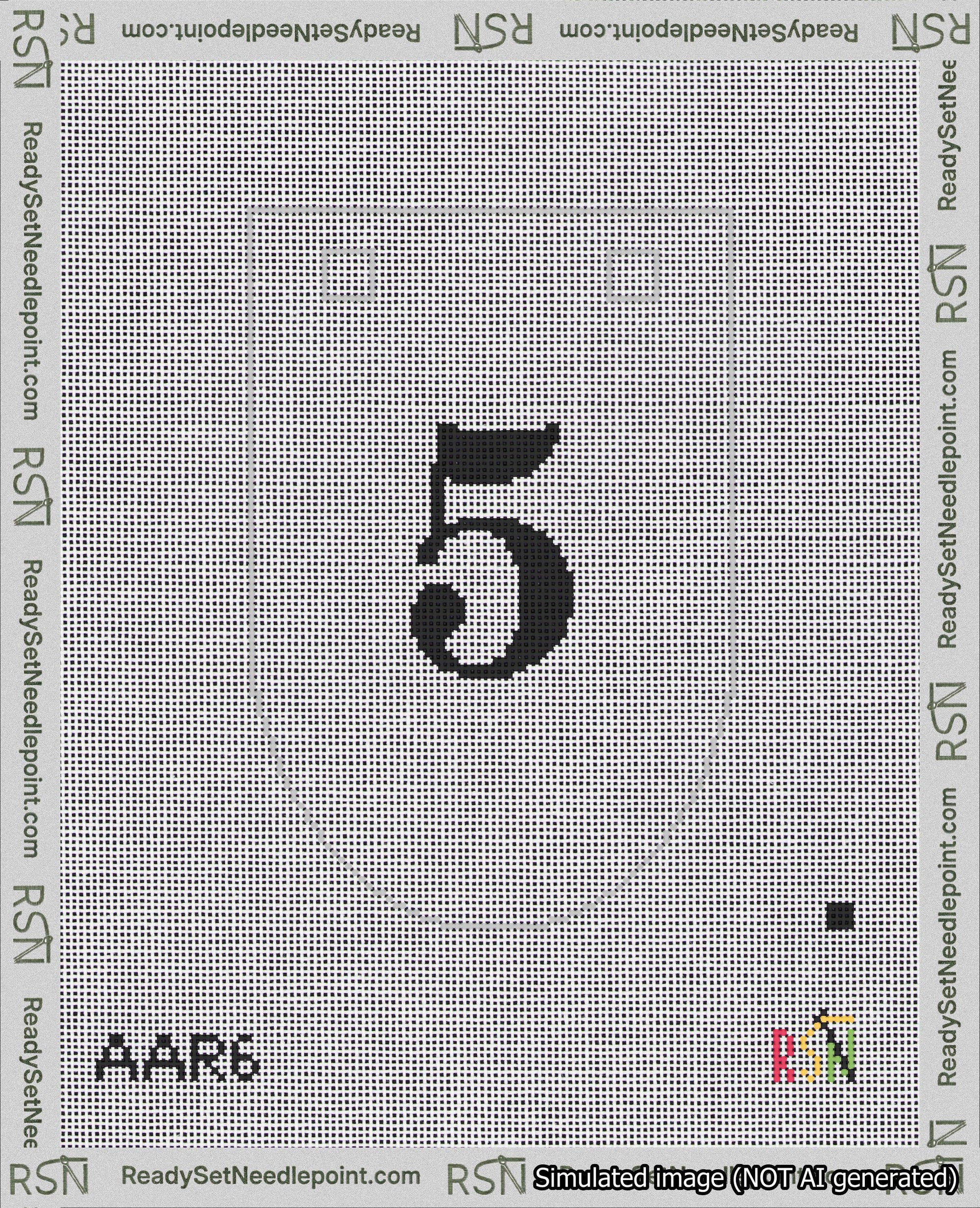 A taped needlepoint canvas with the design: Banner 18 mesh count Rounded 5 Black on White.