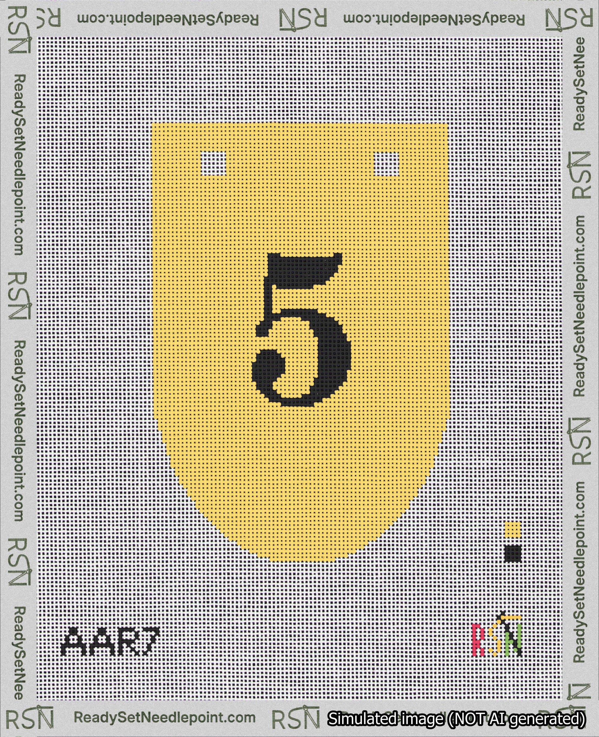 A taped needlepoint canvas with the design: Banner 18 mesh count Rounded 5 Black on Yellow.